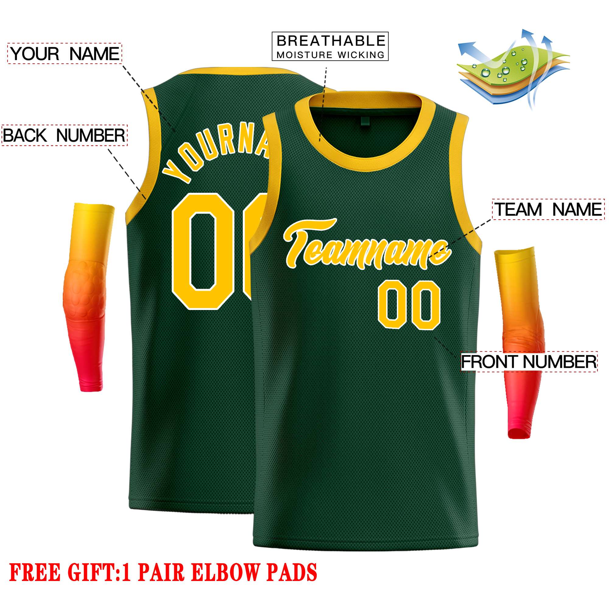 Custom Green Yellow-White Classic Tops Casual Basketball Jersey - Image 2