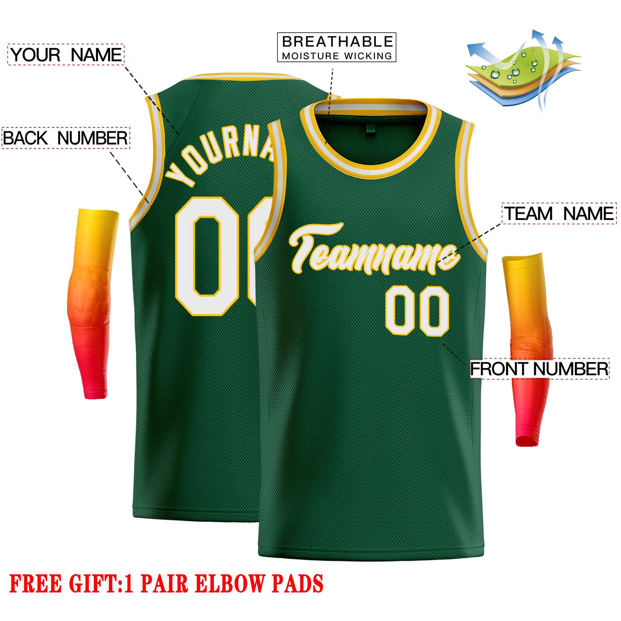 Custom Green White-Yellow Classic Tops Casual Basketball Jersey - Image 2