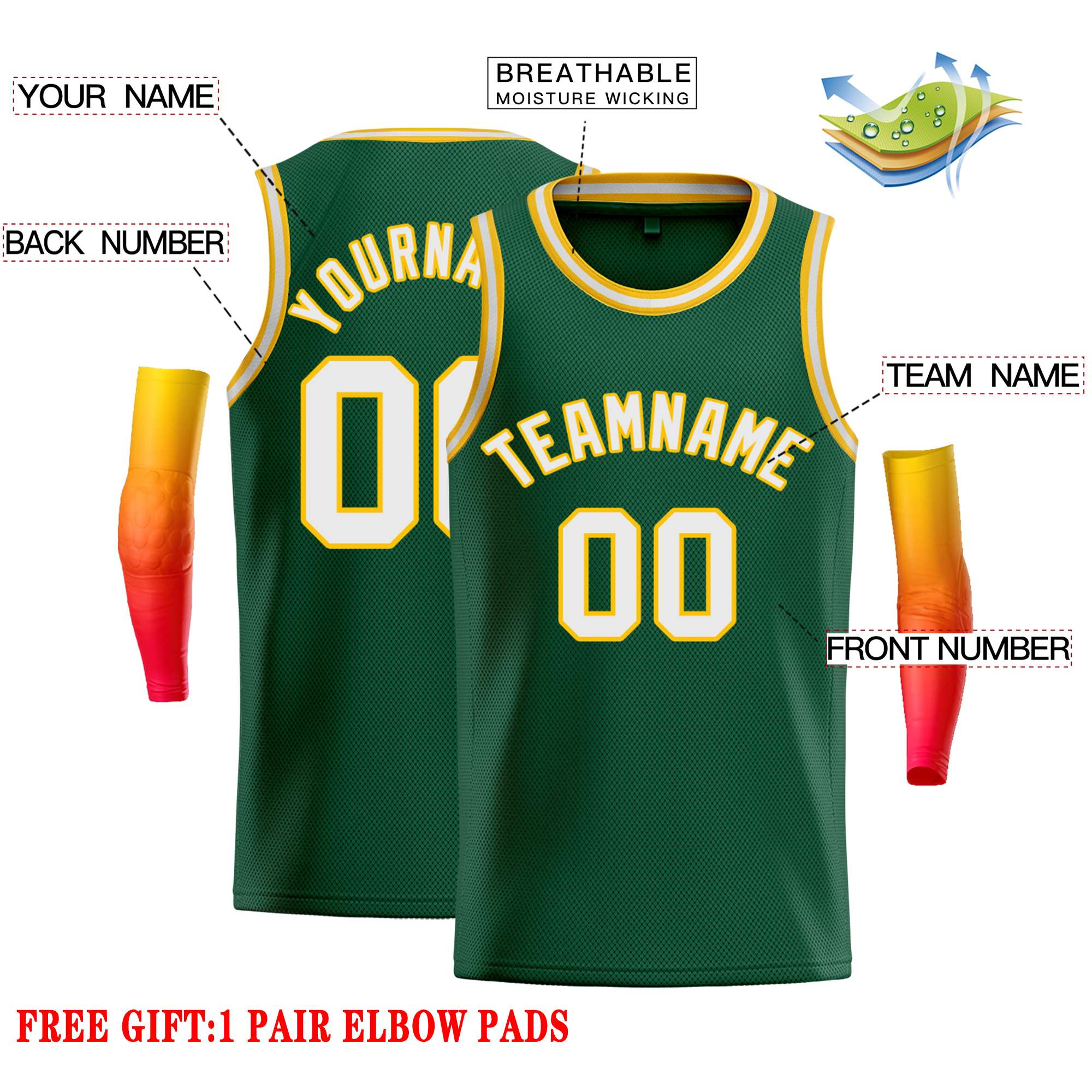 Custom Green White-Yellow Classic Tops Casual Basketball Jersey - Image 2