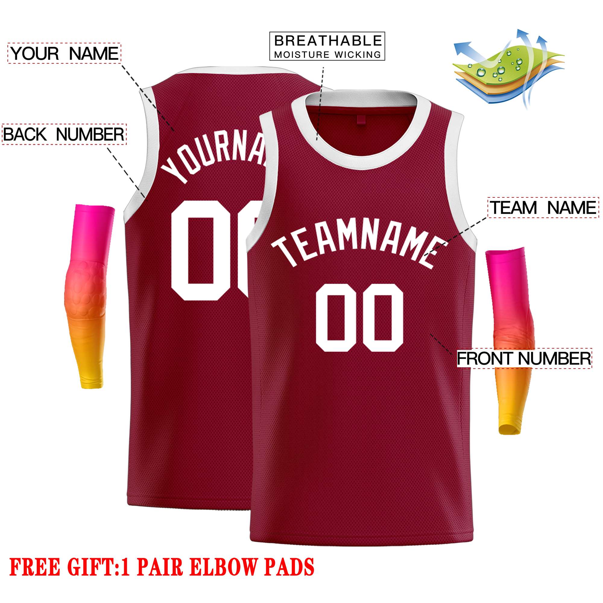Custom Crimson WhiteClassic Tops Casual Basketball Jersey - Image 2