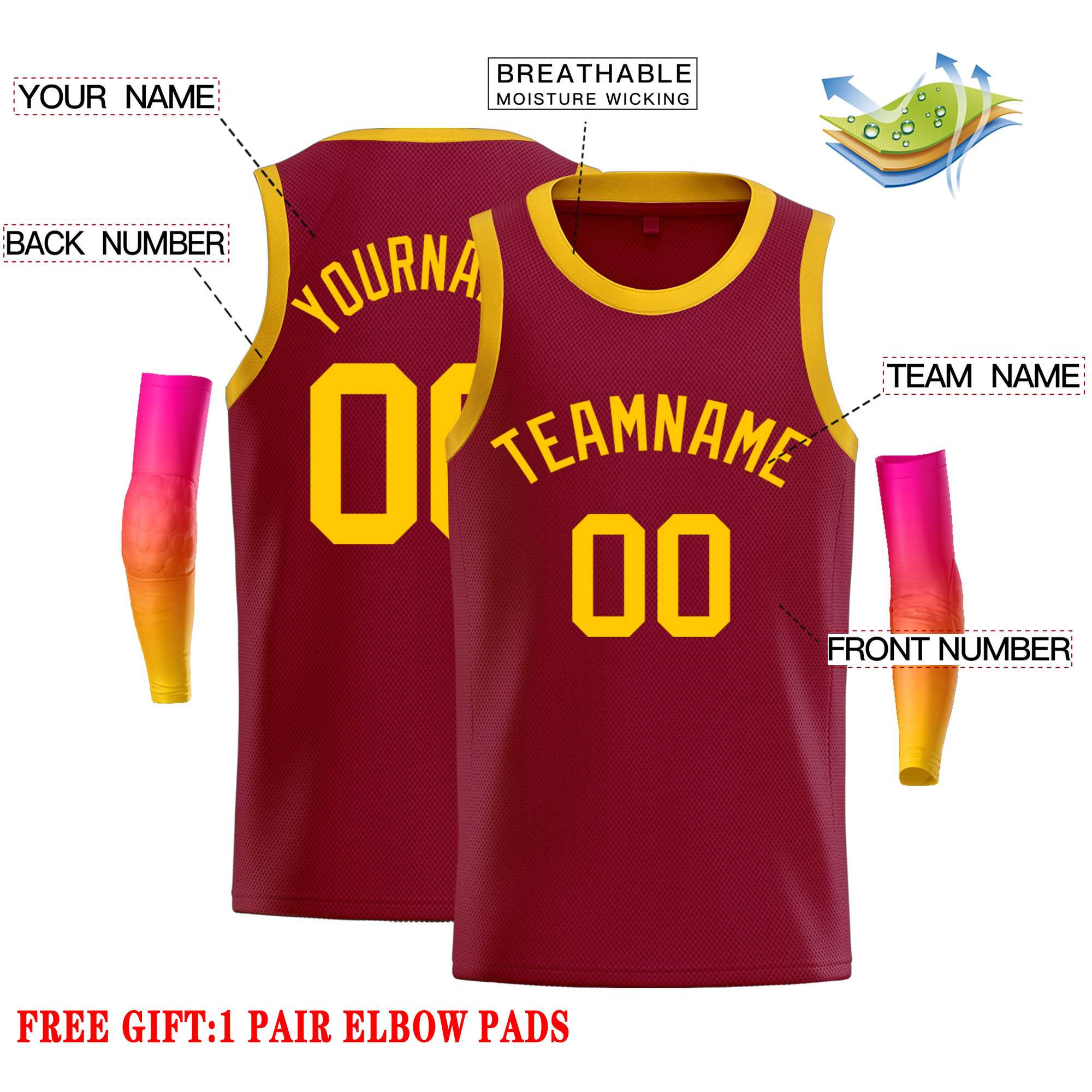 Custom Crimson Yellow Classic Tops Casual Basketball Jersey - Image 2