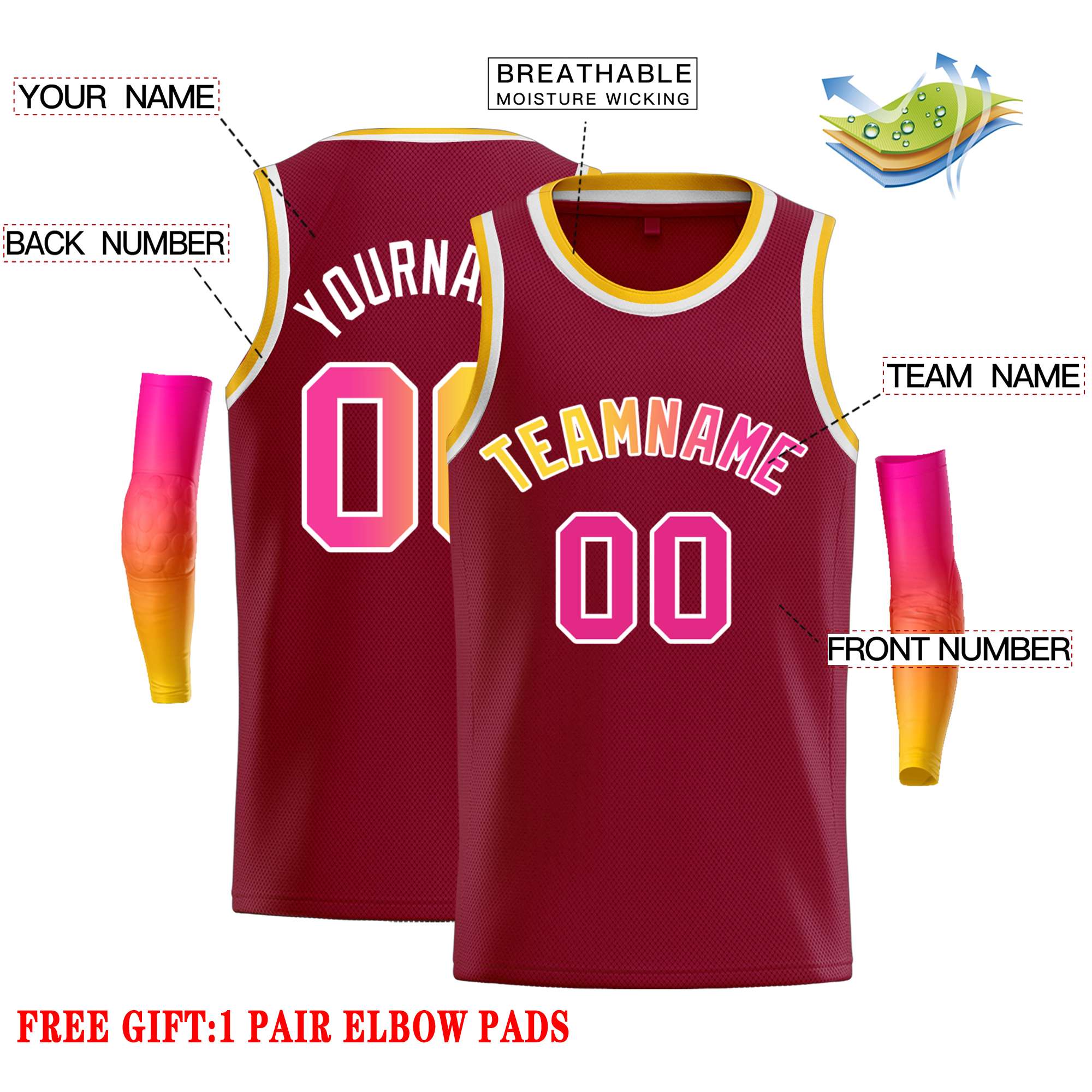 Custom Crimson Yellow-White Classic Tops Casual Basketball Jersey - Image 2