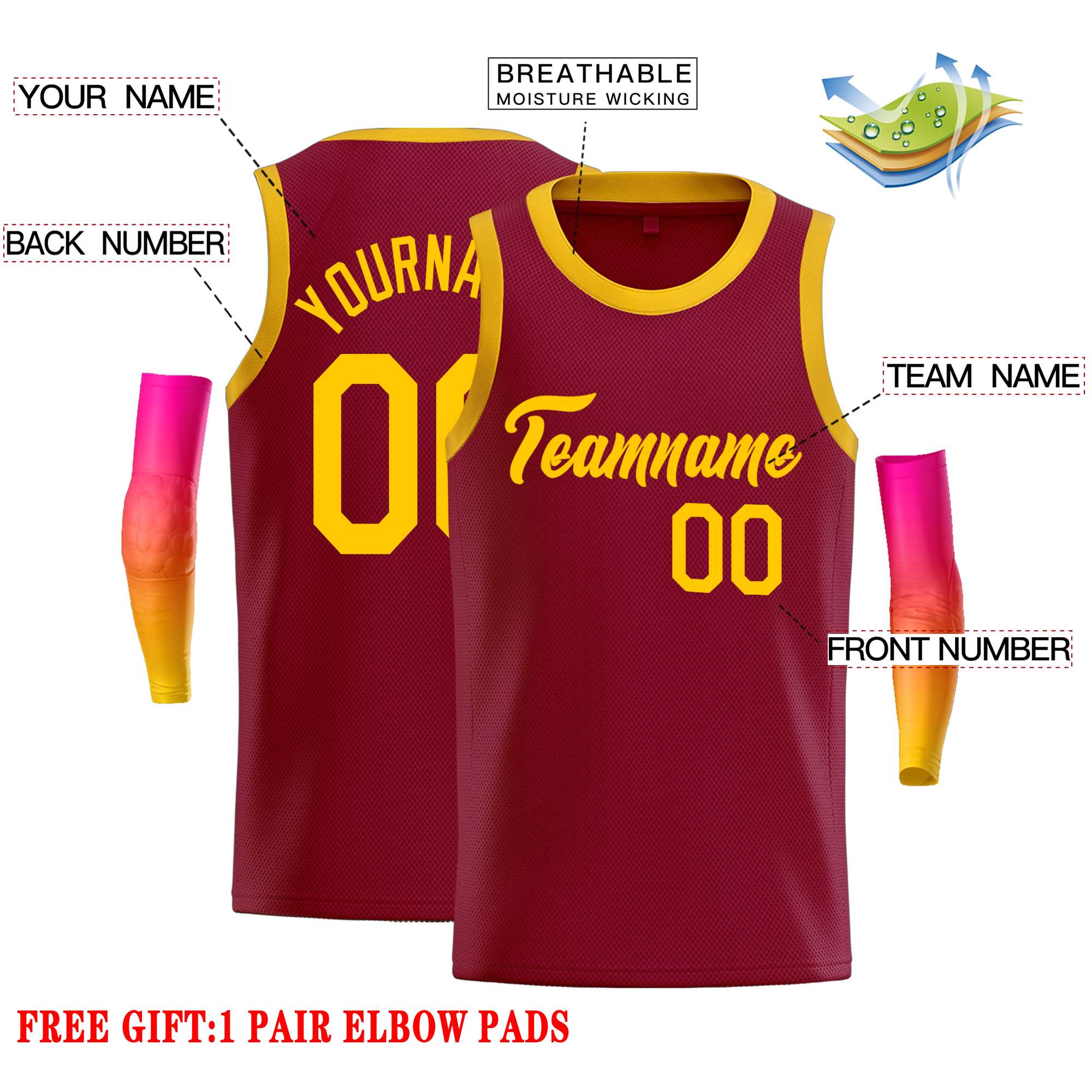 Custom Crimson Yellow Classic Tops Casual Basketball Jersey - Image 2