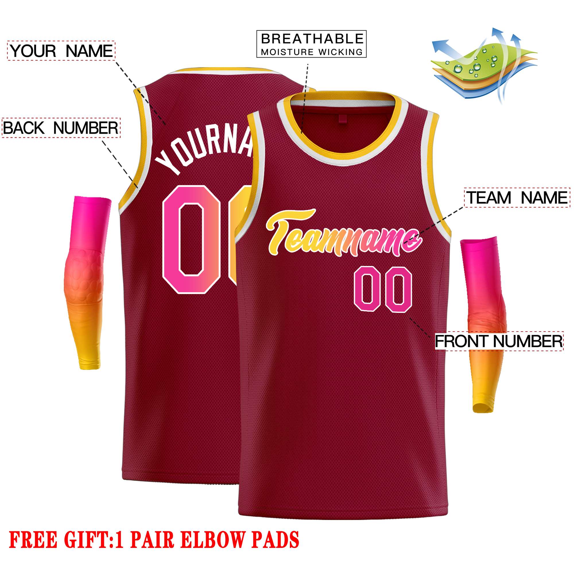 Custom Crimson Yellow-White Classic Tops Casual Basketball Jersey - Image 2