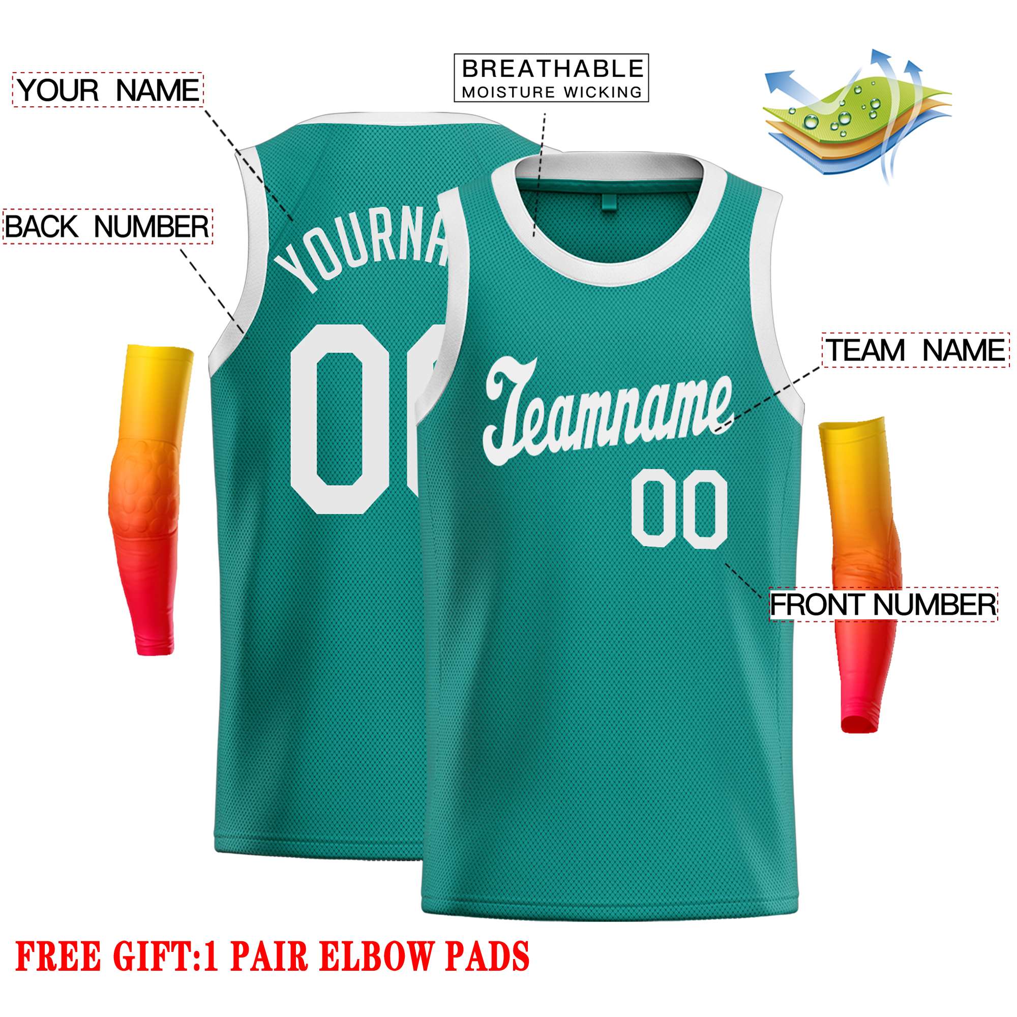 Custom Teal White Classic Tops Casual Basketball Jersey - Image 2