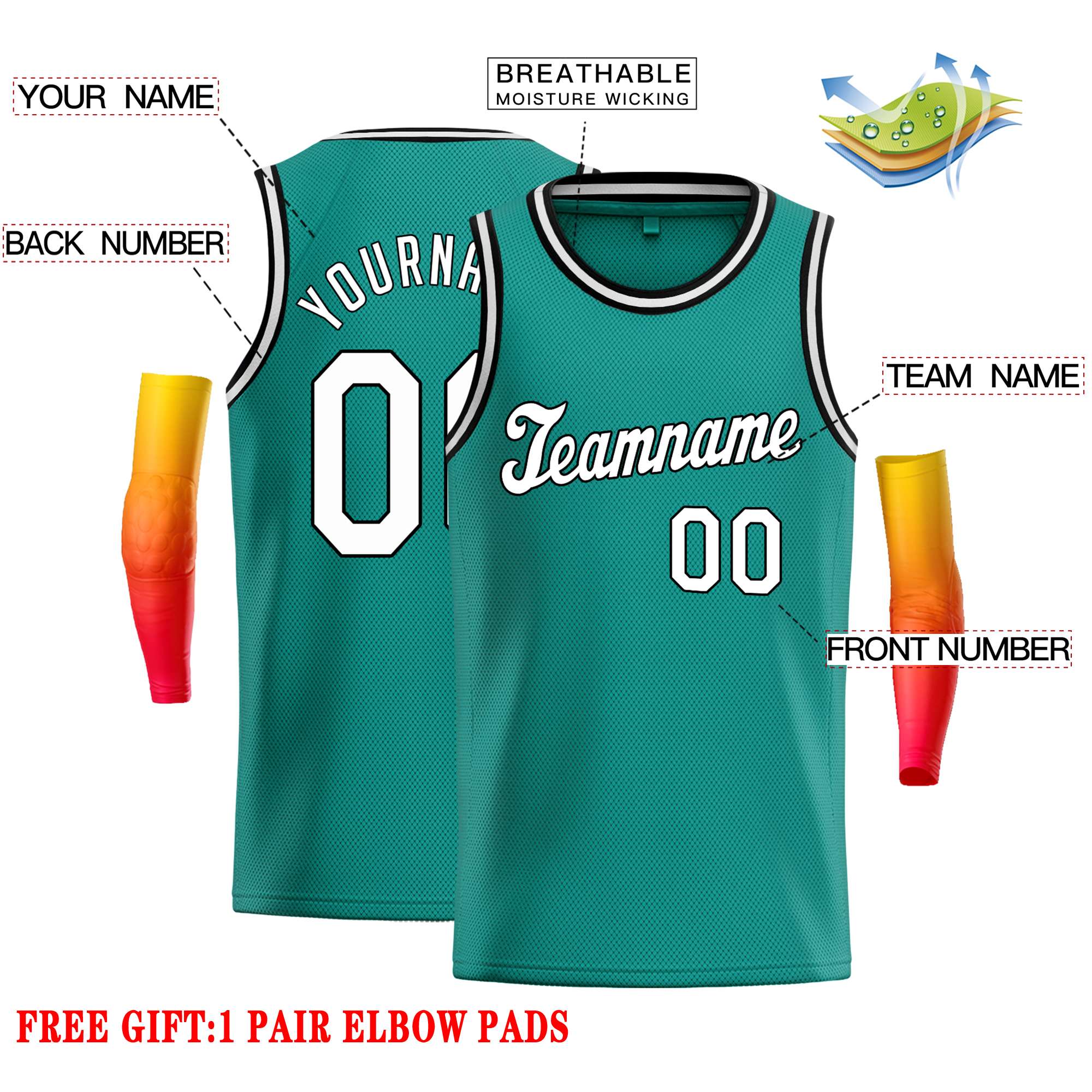 Custom Teal White-Black Classic Tops Casual Basketball Jersey - Image 2