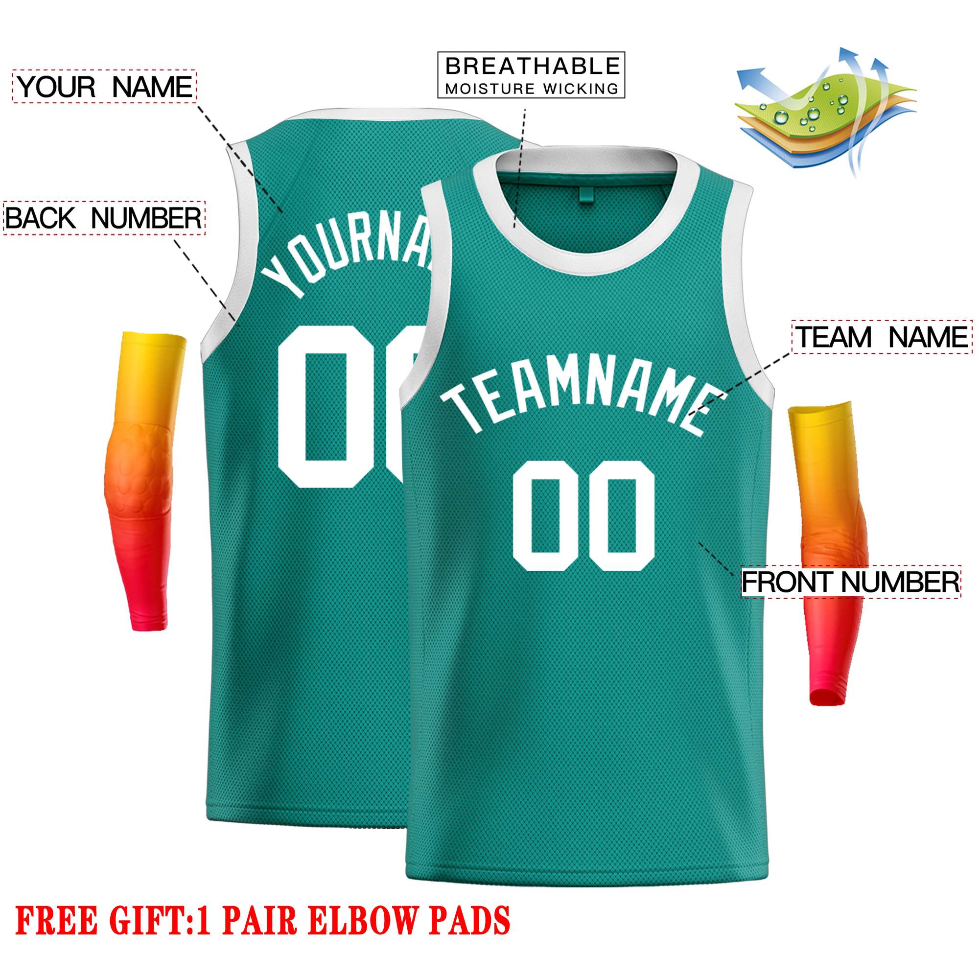 Custom Teal White Classic Tops Casual Basketball Jersey - Image 2