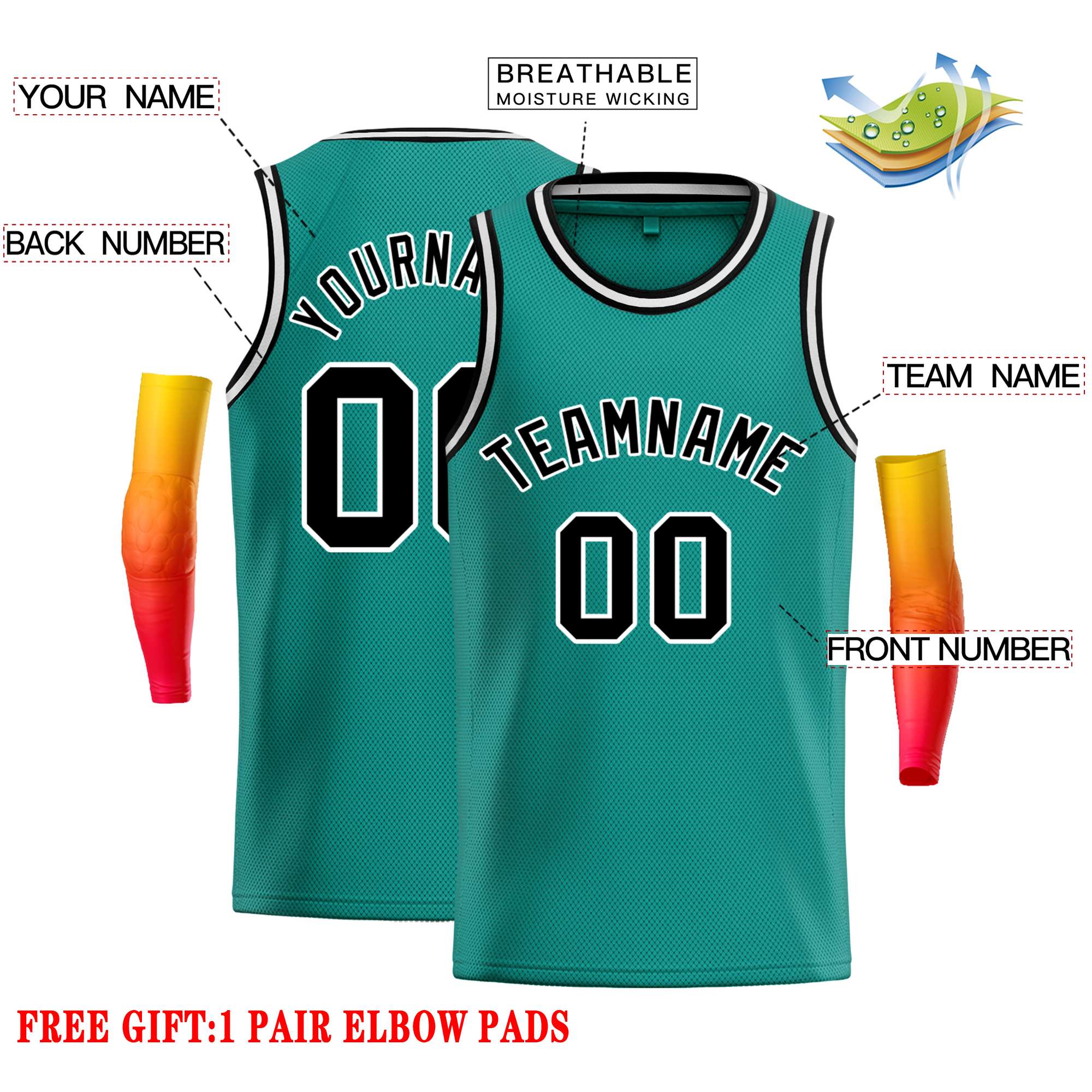 Custom Teal Black-White Classic Tops Casual Basketball Jersey - Image 2