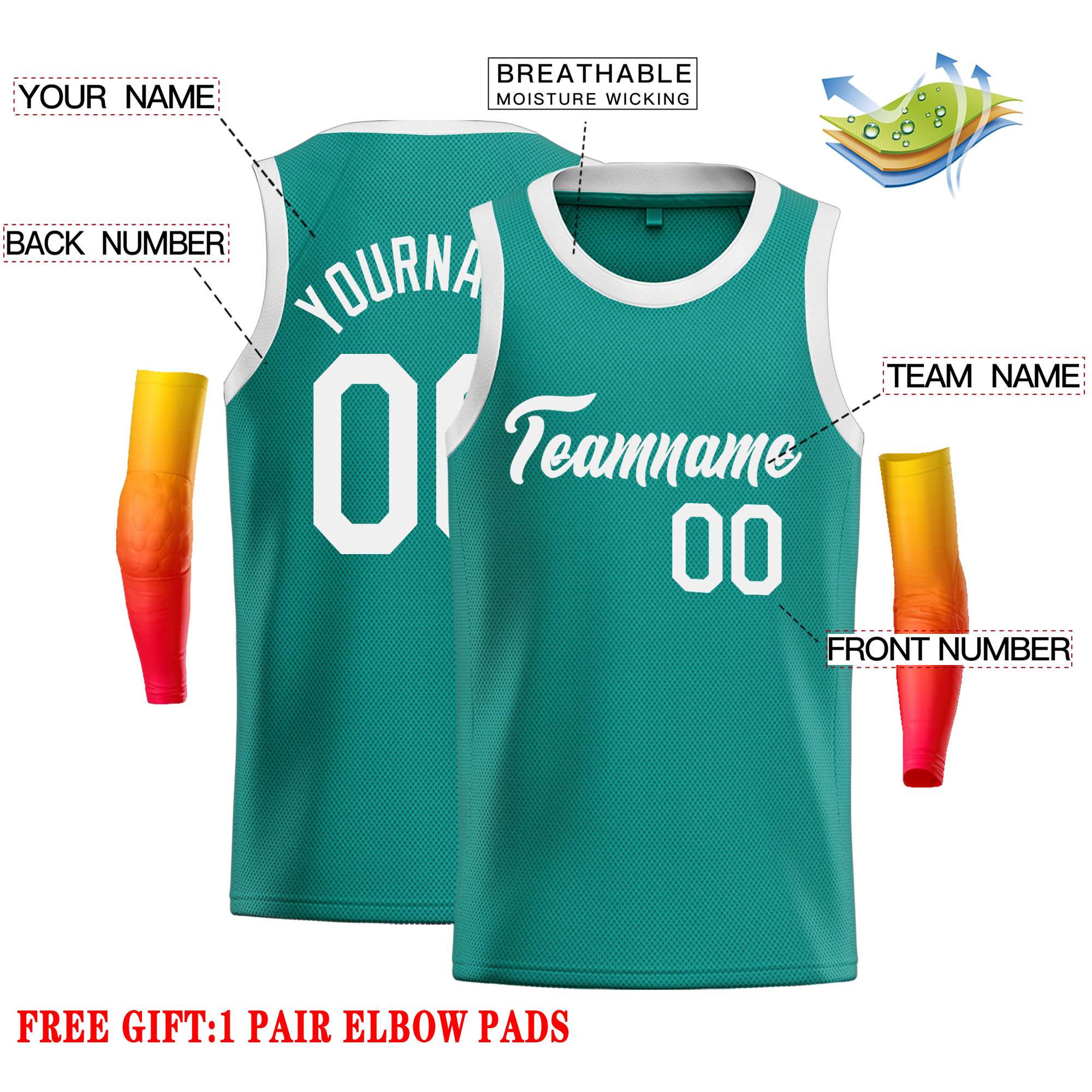 Custom Teal White Classic Tops Casual Basketball Jersey - Image 2