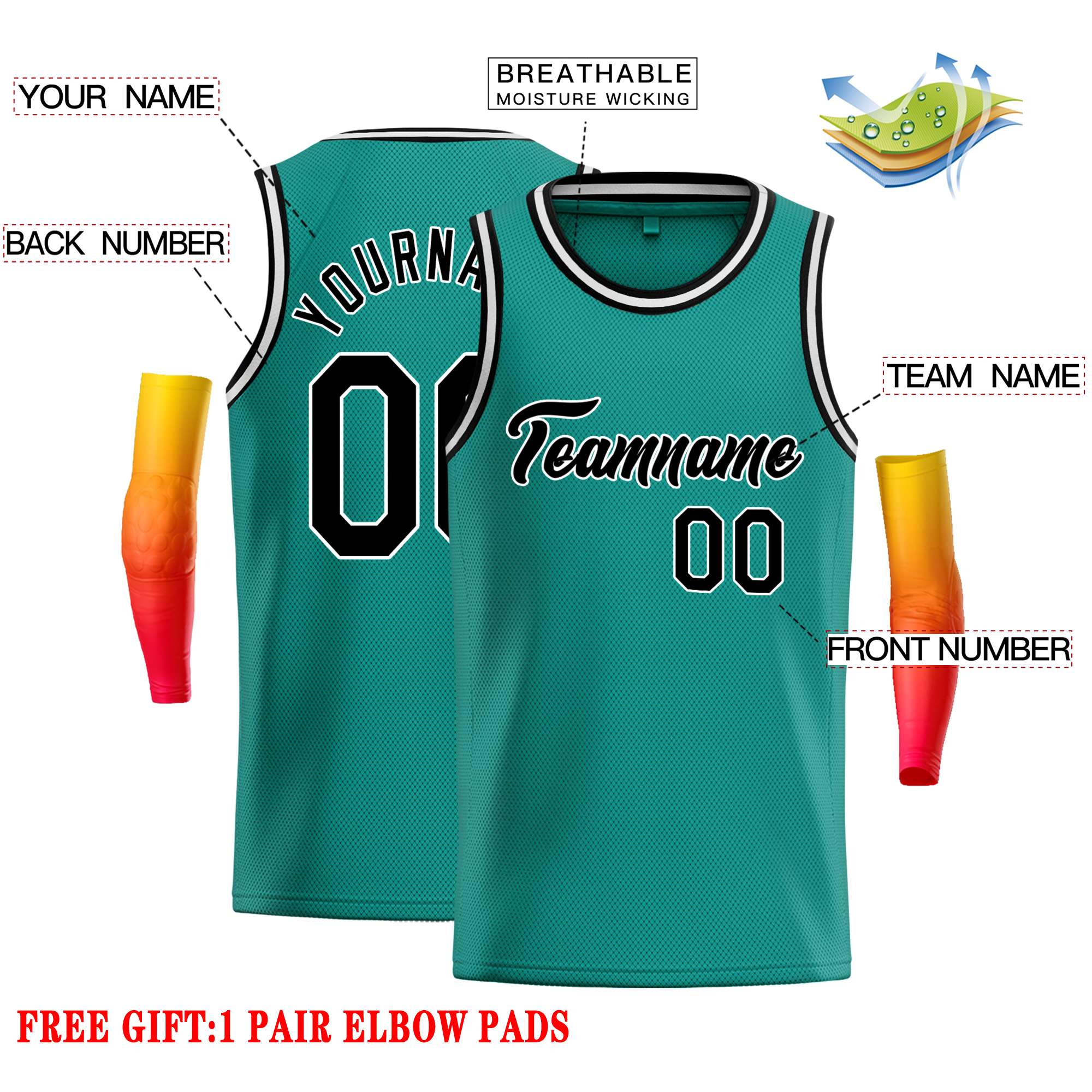 Custom Teal Black-White Classic Tops Casual Basketball Jersey - Image 2