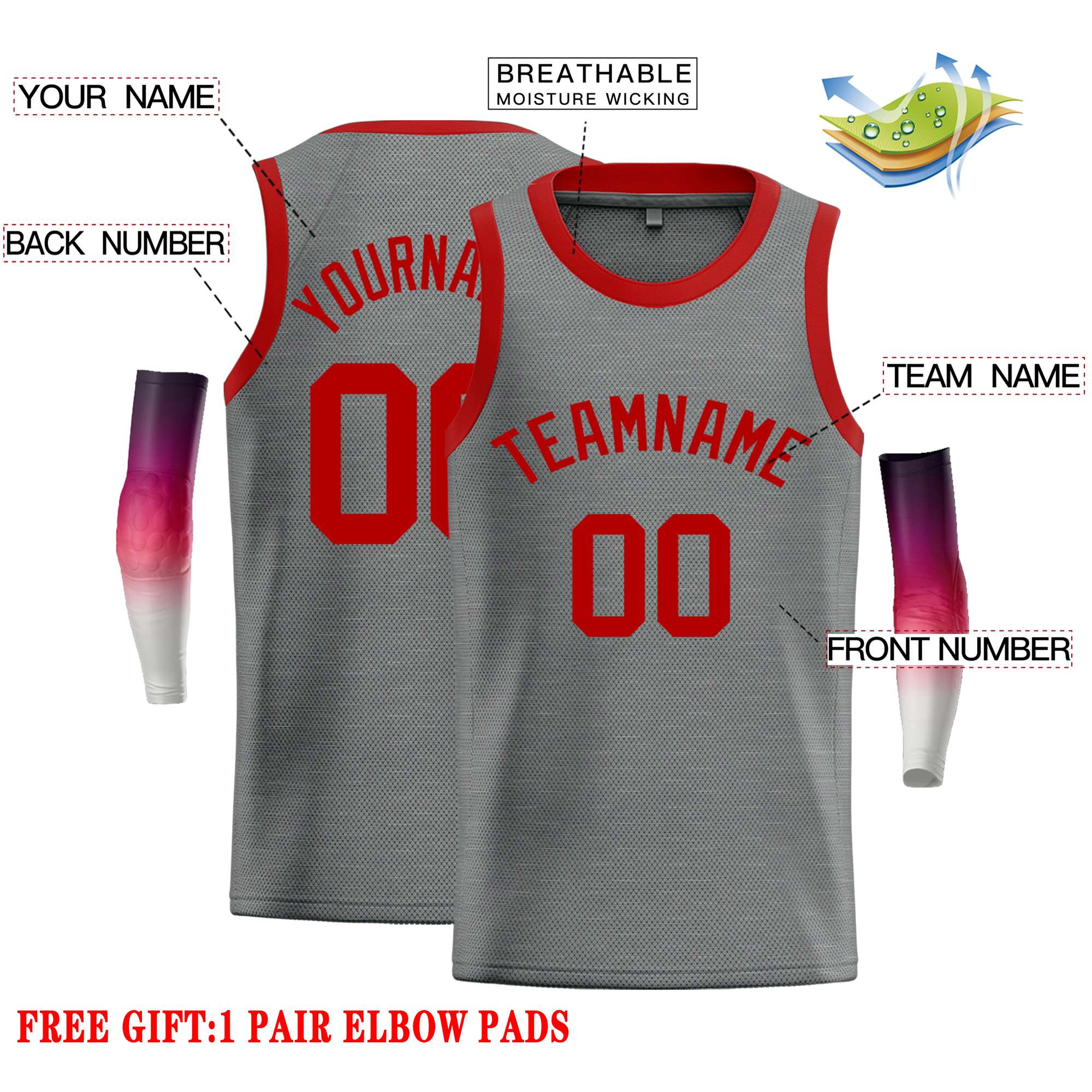 Custom Dark Gray Red Classic Tops Casual Basketball Jersey - Image 2