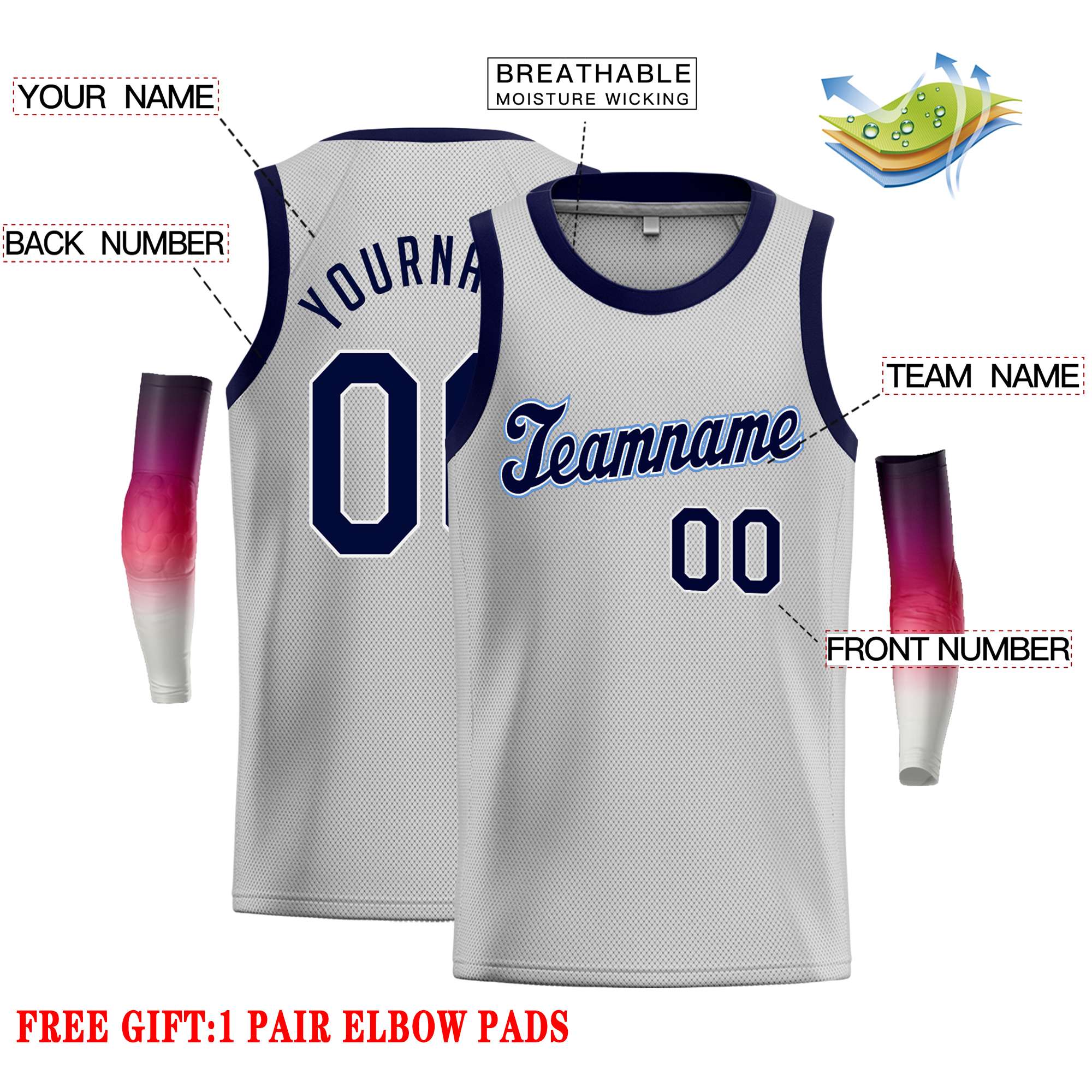 Custom Gray Navy-Power Blue Classic Tops Casual Basketball Jersey - Image 2