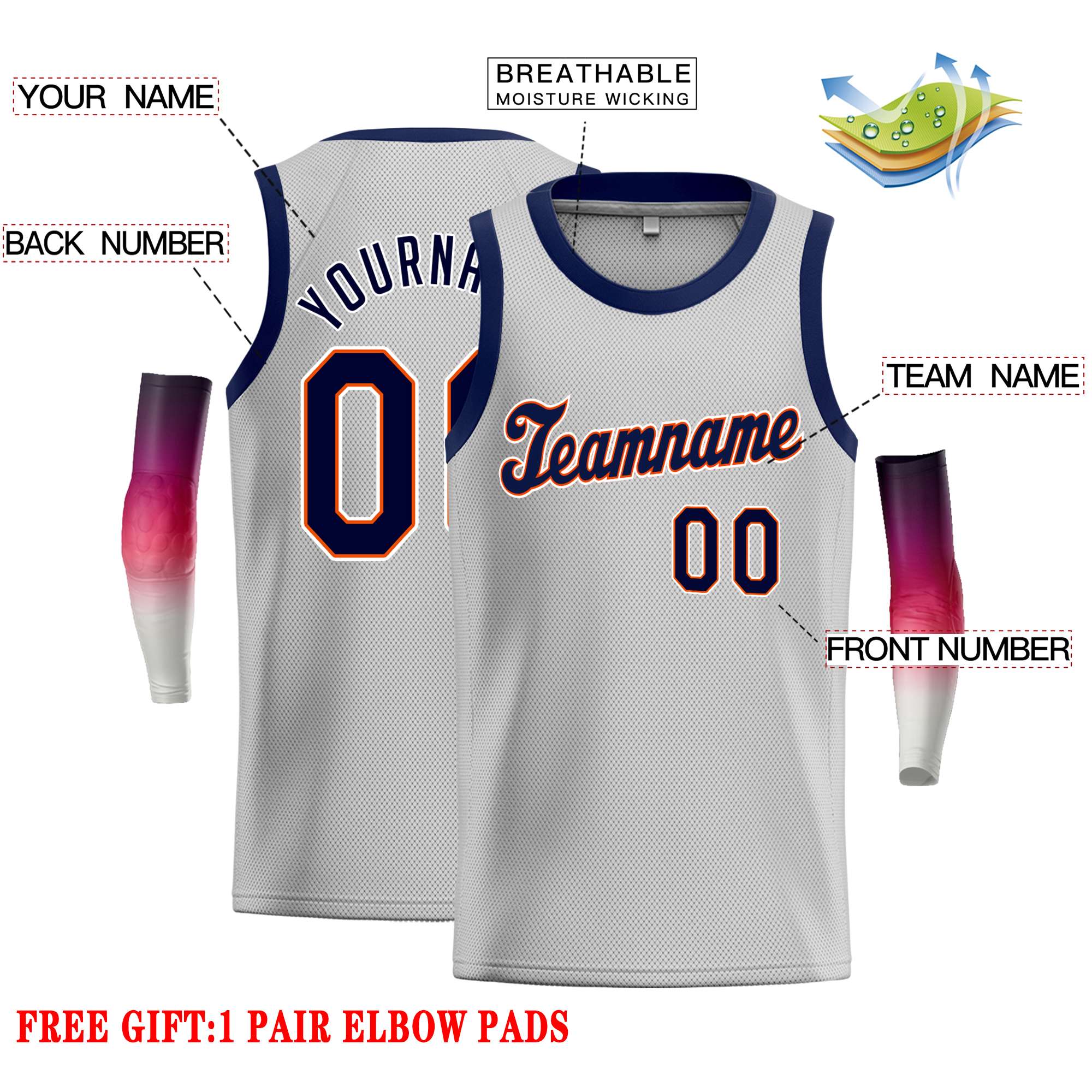 Custom Gray Navy-Orange Classic Tops Casual Basketball Jersey - Image 2