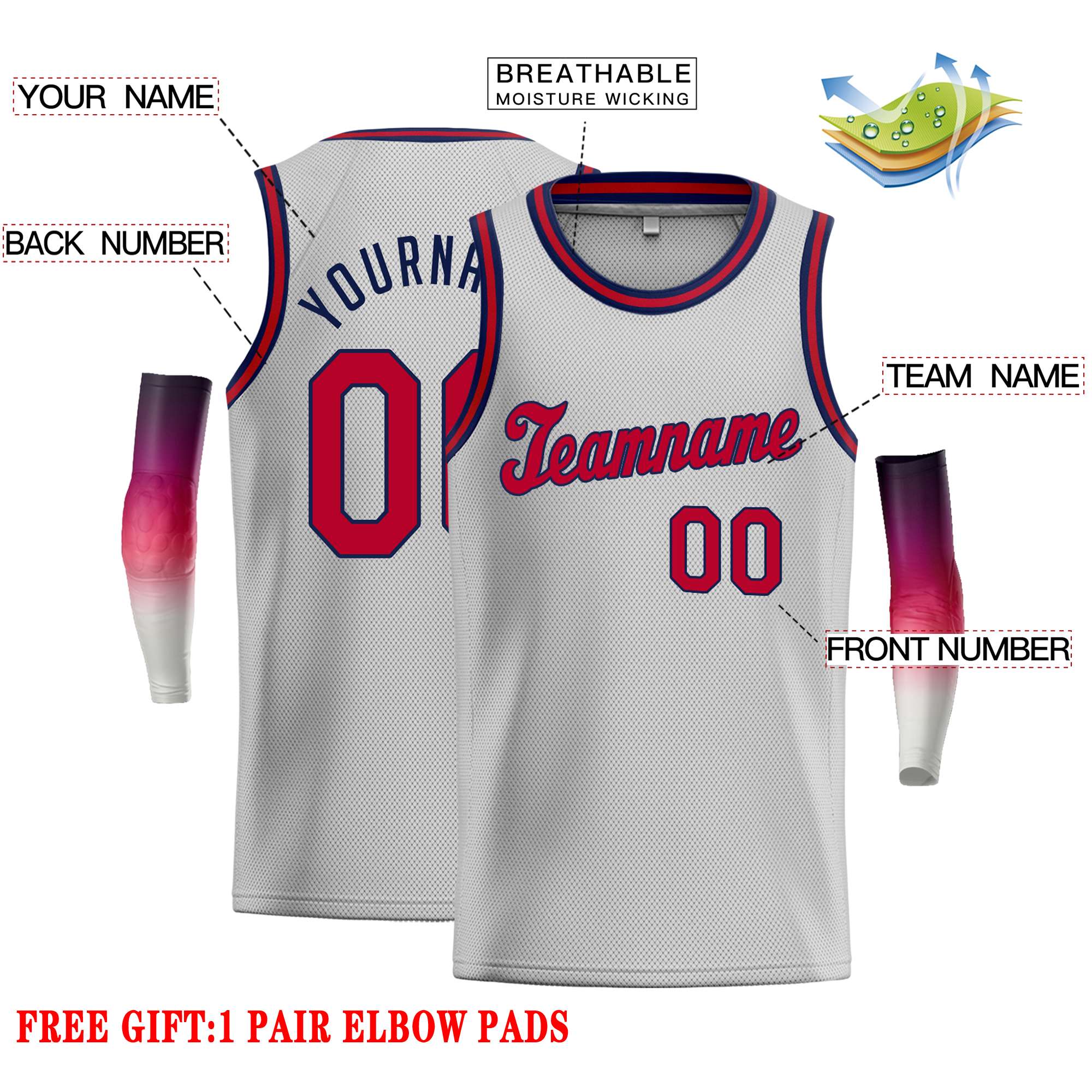 Custom Gray Maroon-Navy Classic Tops Casual Basketball Jersey - Image 2