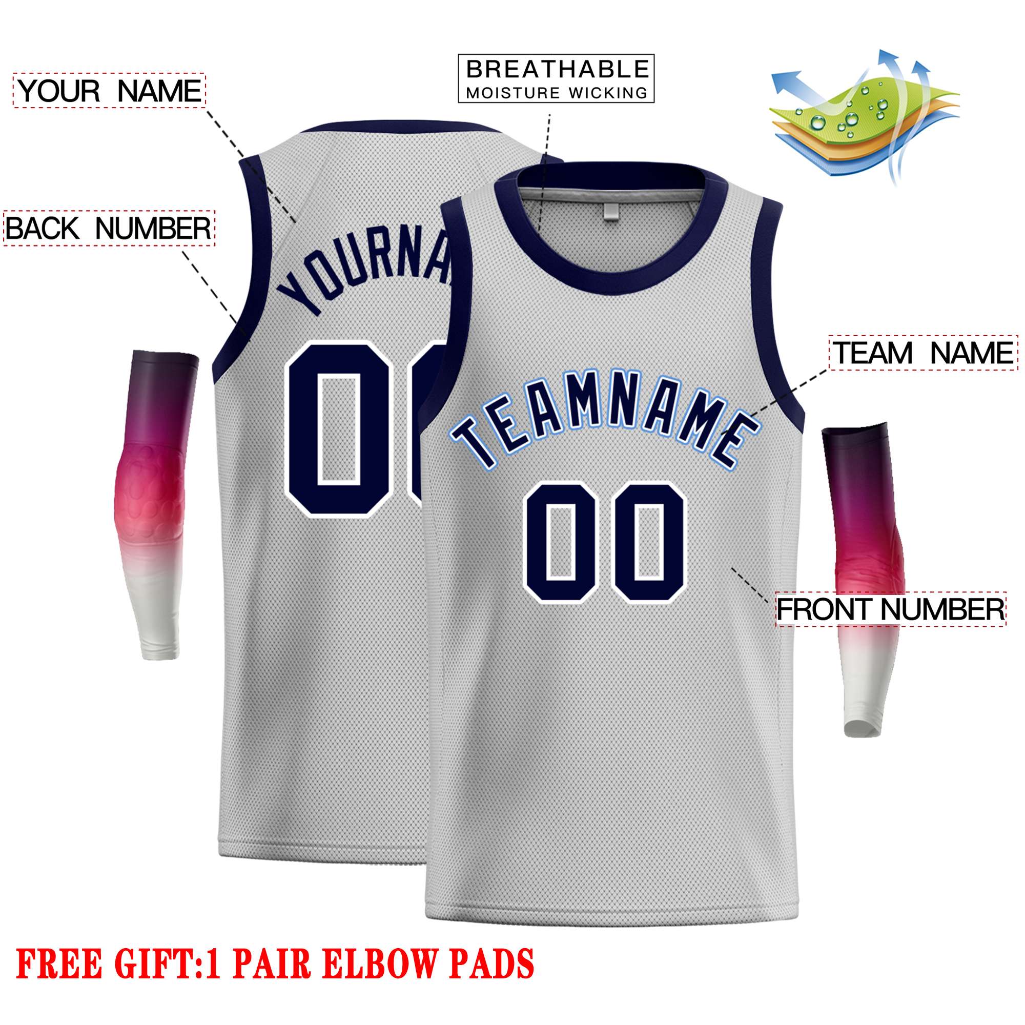 Custom Gray Navy-Power Blue Classic Tops Casual Basketball Jersey - Image 2