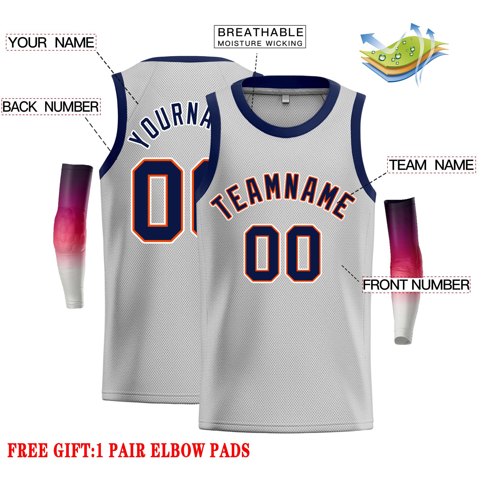 Custom Gray Navy-Orange Classic Tops Casual Basketball Jersey - Image 2