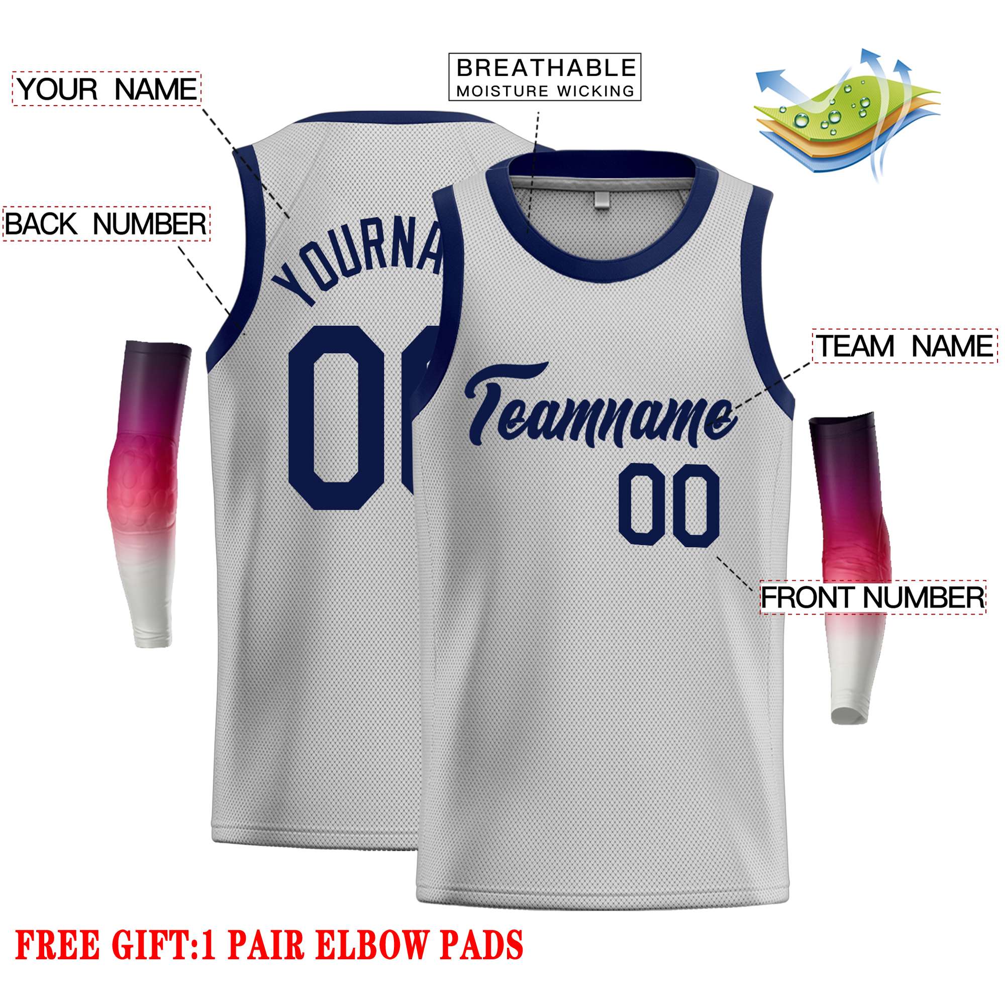 Custom Gray Navy Classic Tops Casual Basketball Jersey - Image 2