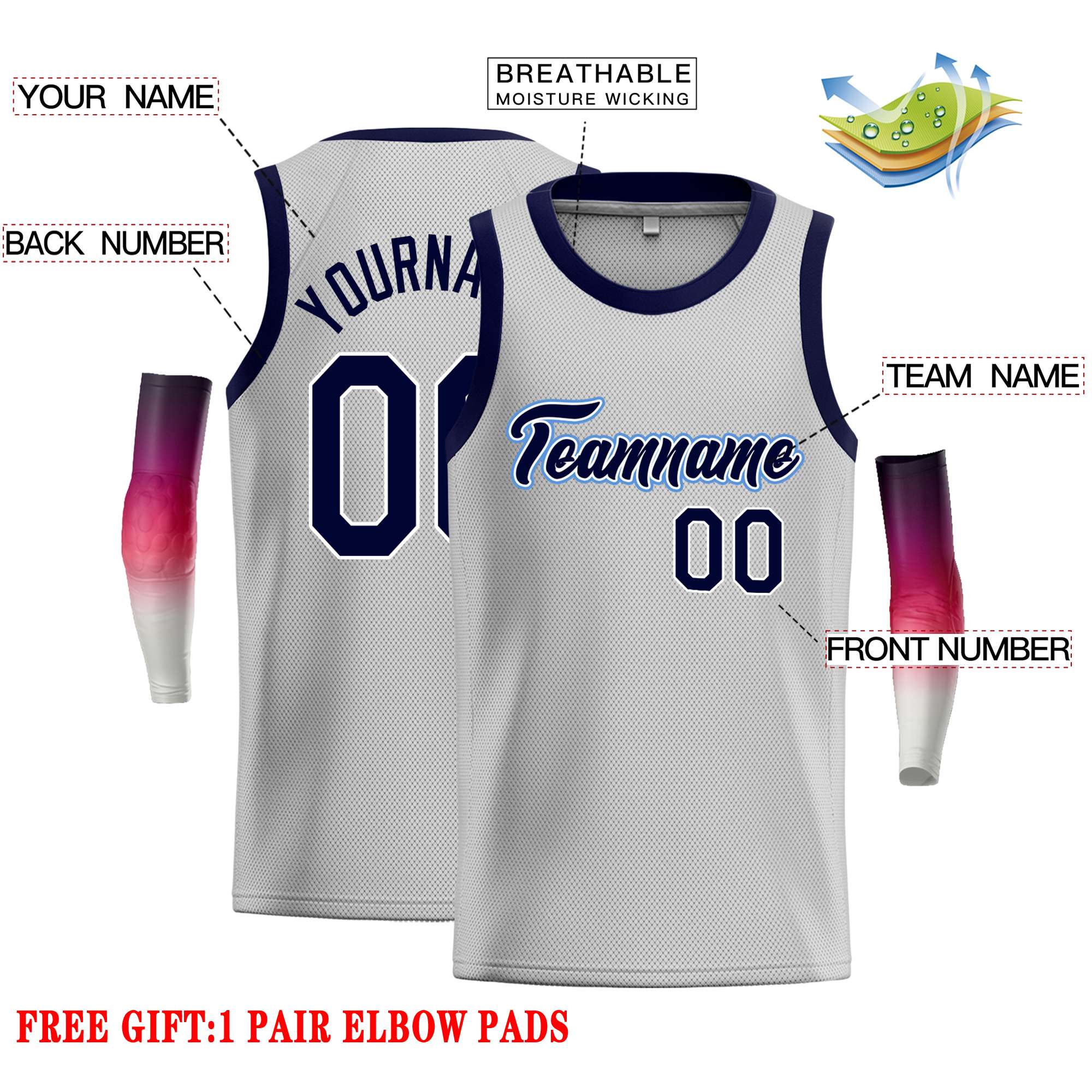 Custom Gray Navy-Power Blue Classic Tops Casual Basketball Jersey - Image 2