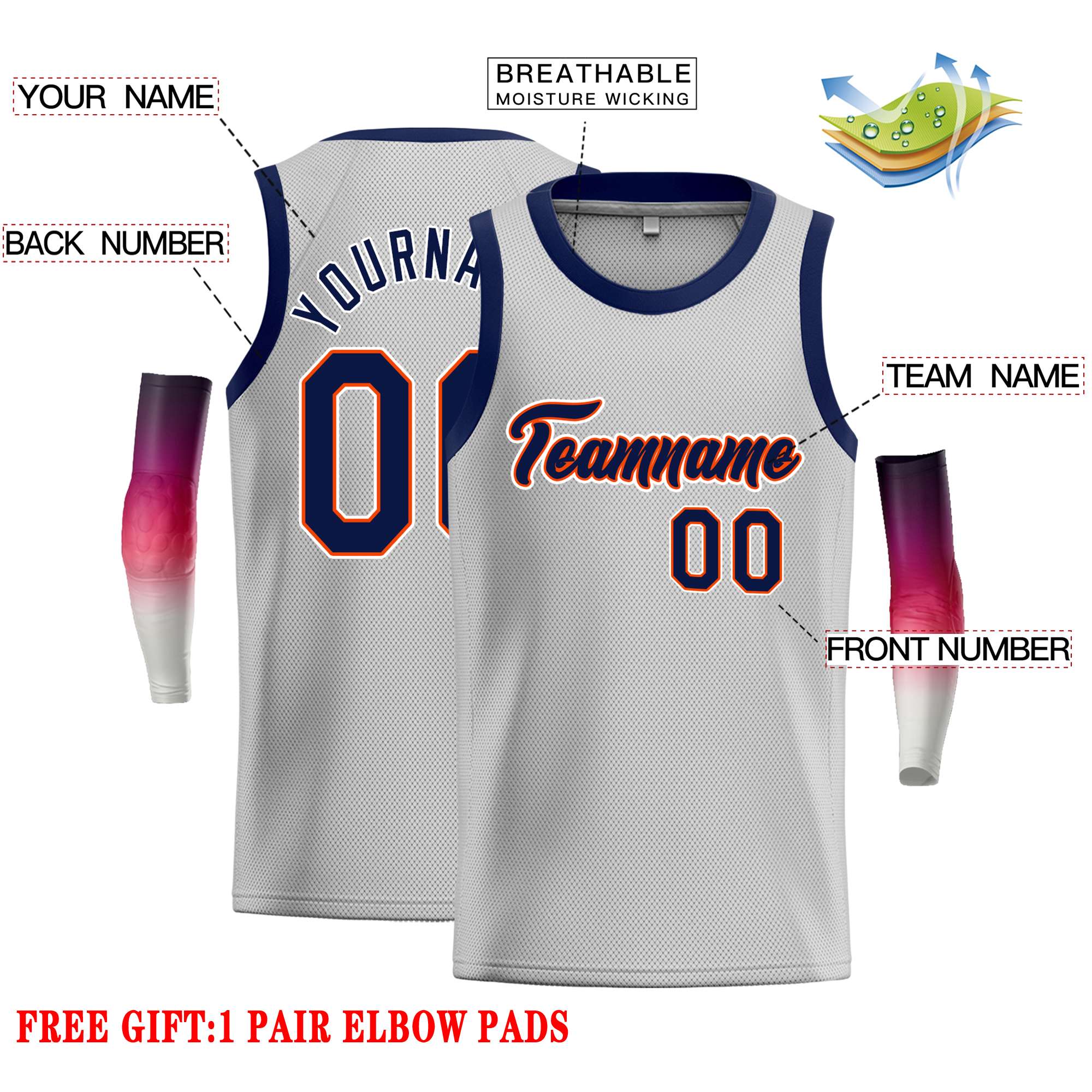 Custom Gray Navy-Orange Classic Tops Casual Basketball Jersey - Image 2