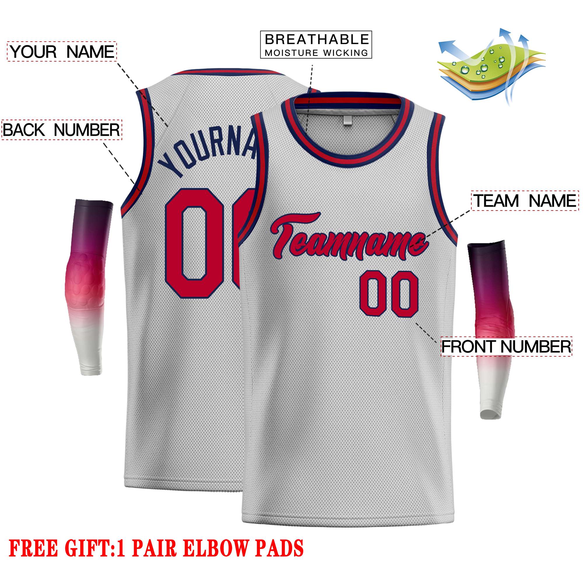 Custom Gray Maroon-Navy Classic Tops Casual Basketball Jersey - Image 2