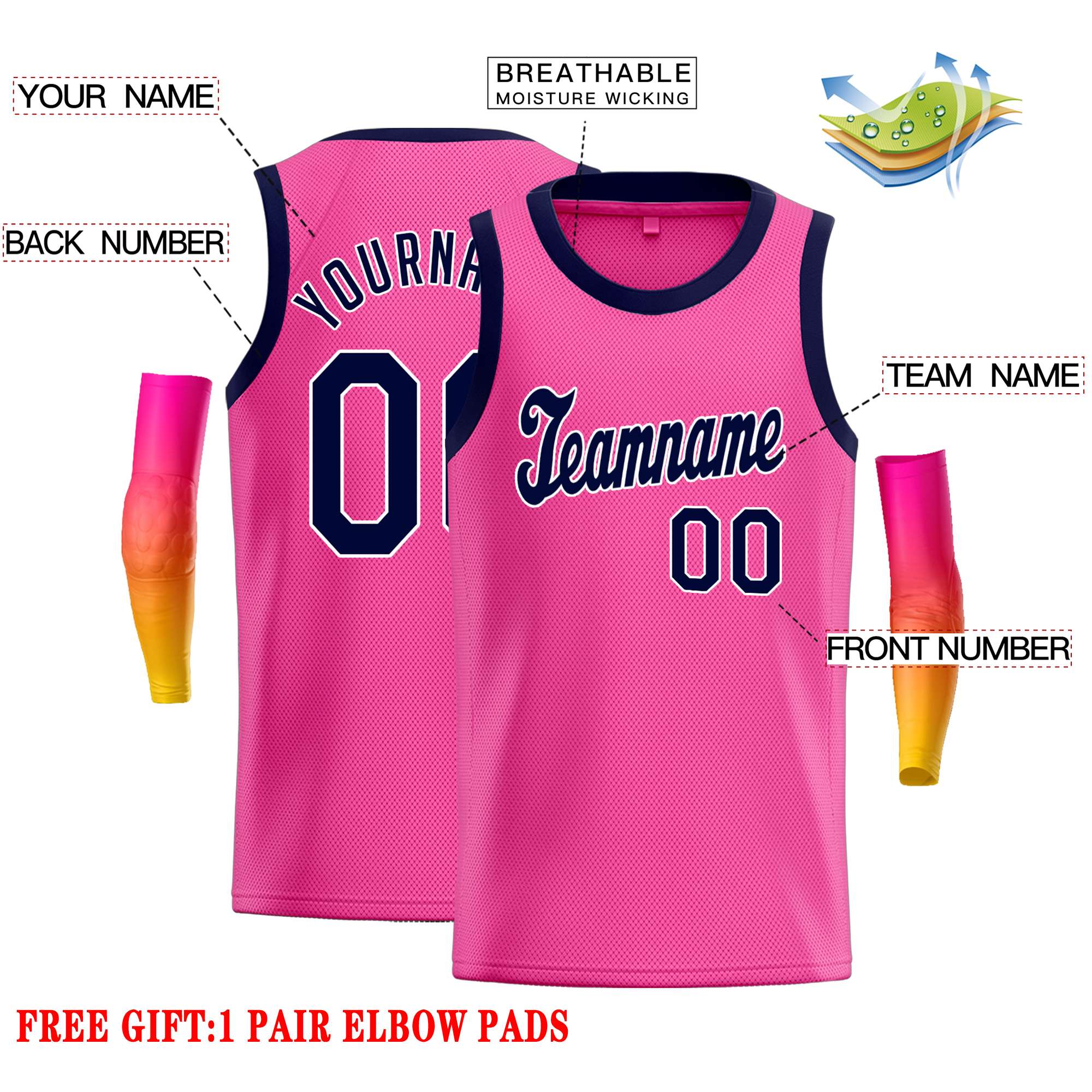 Custom Pink Navy-Yellow Classic Tops Casual Basketball Jersey - Image 2