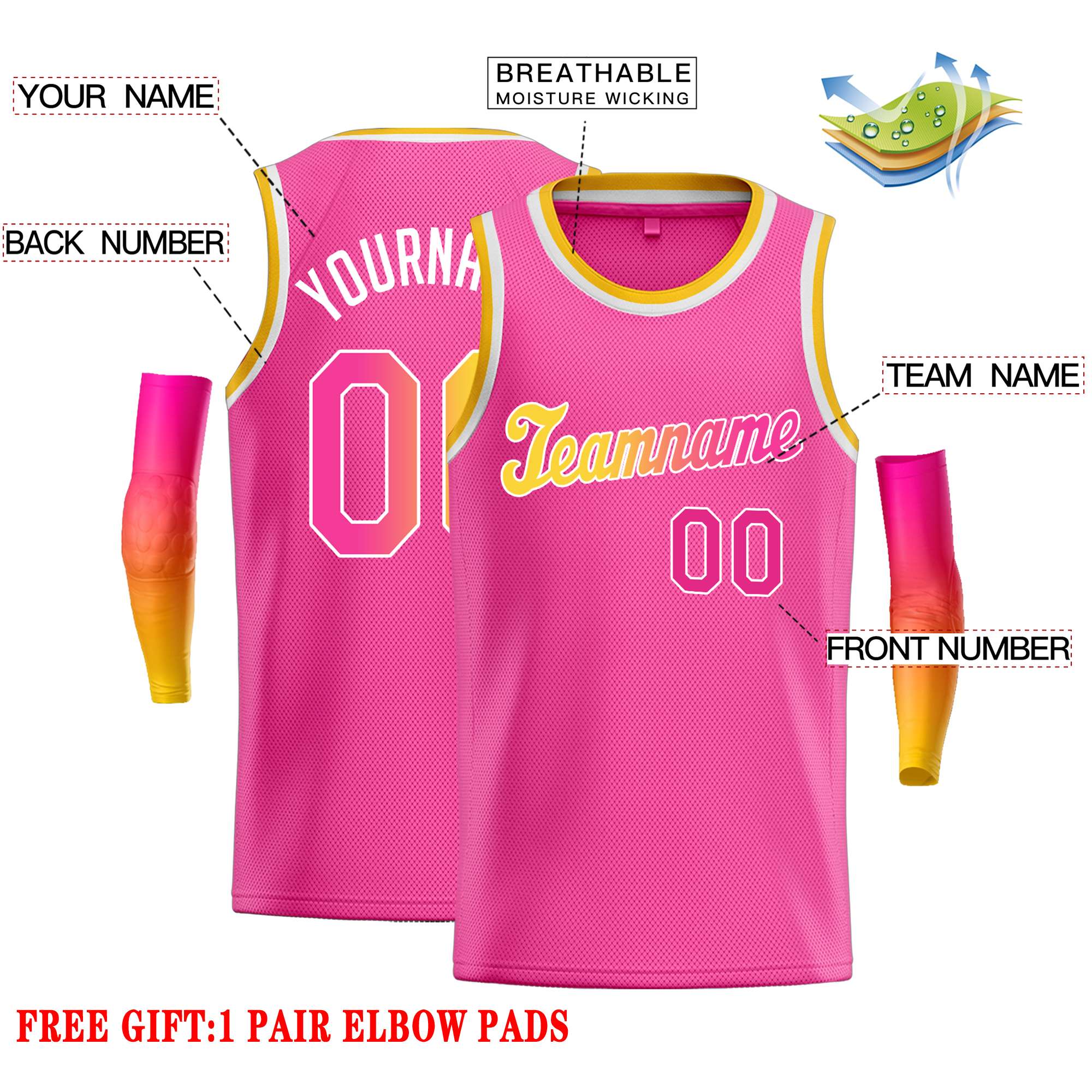 Custom Pink Yellow-White Classic Tops Casual Basketball Jersey - Image 2
