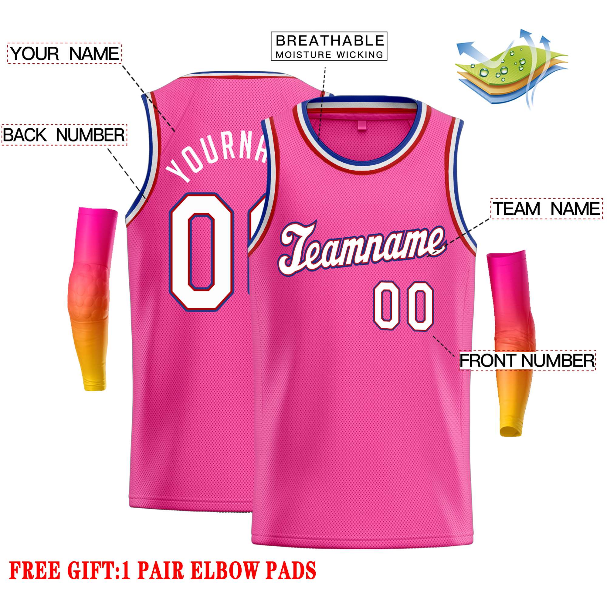 Custom Pink White-Red Classic Tops Casual Basketball Jersey - Image 2