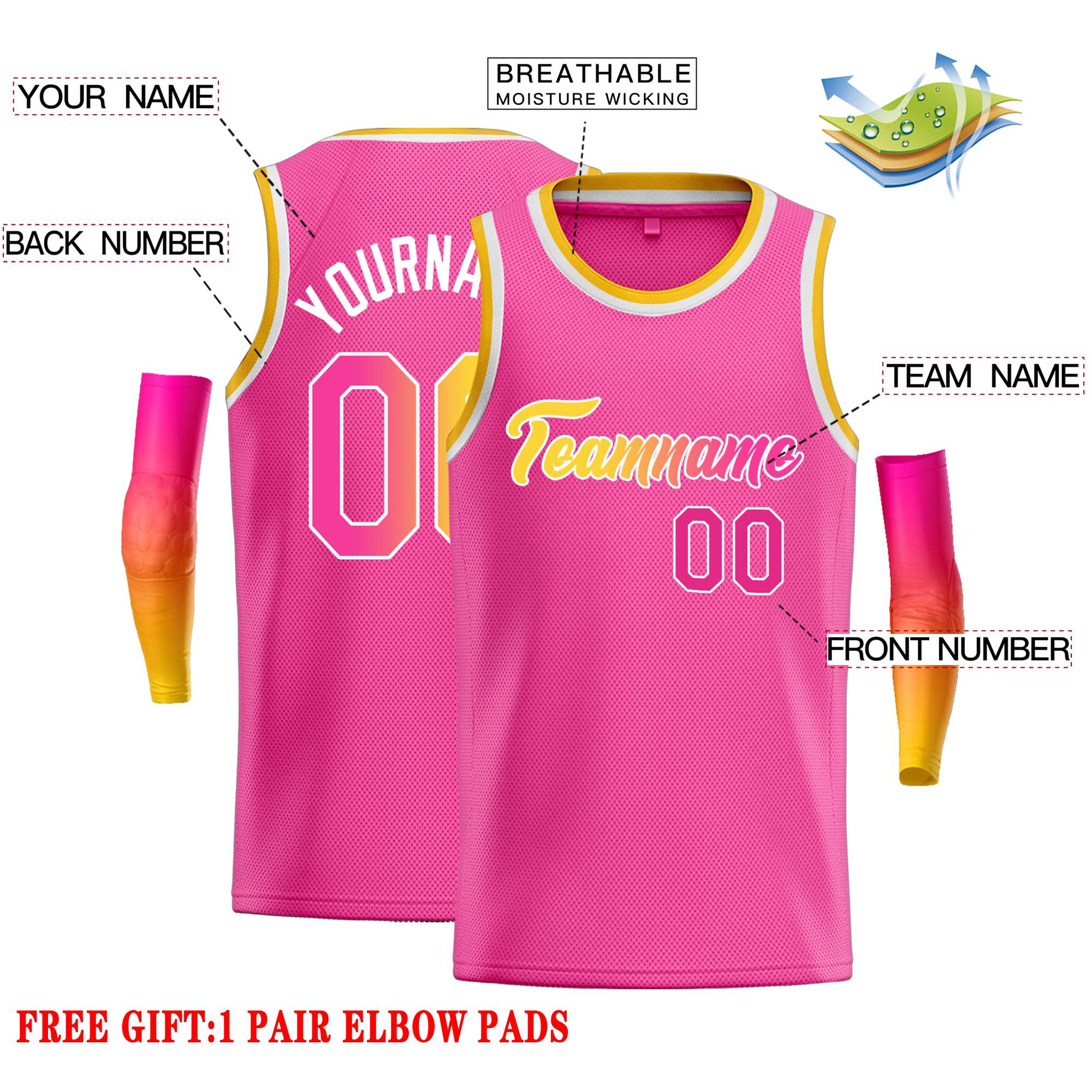 Custom Pink Yellow-White Classic Tops Casual Basketball Jersey - Image 2