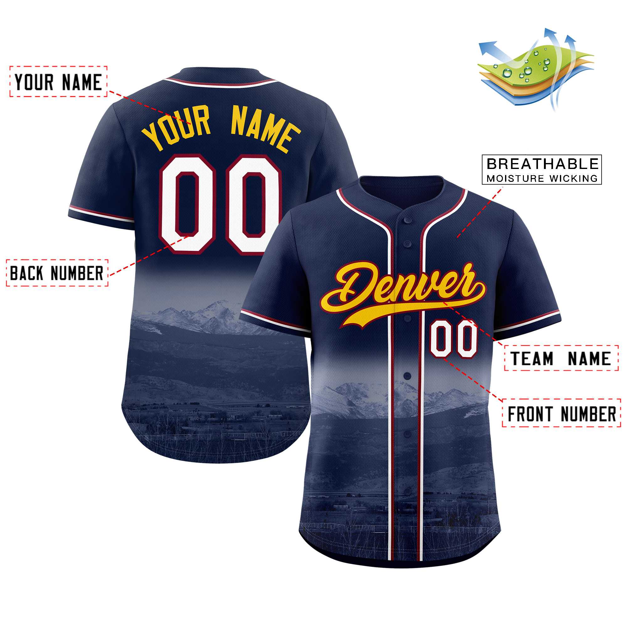 Custom Navy Yellow-Crimson Denver City Connect Baseball Jersey - Image 2