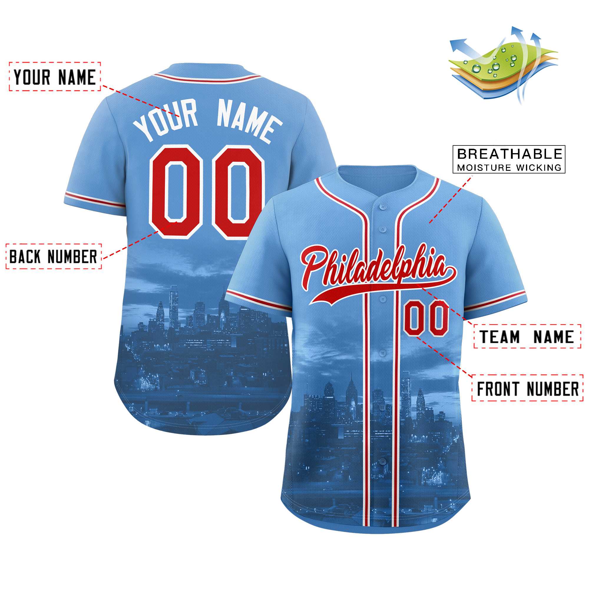 Custom Powder Blue Red-White Philadelphia City Connect Baseball Jersey - Image 2