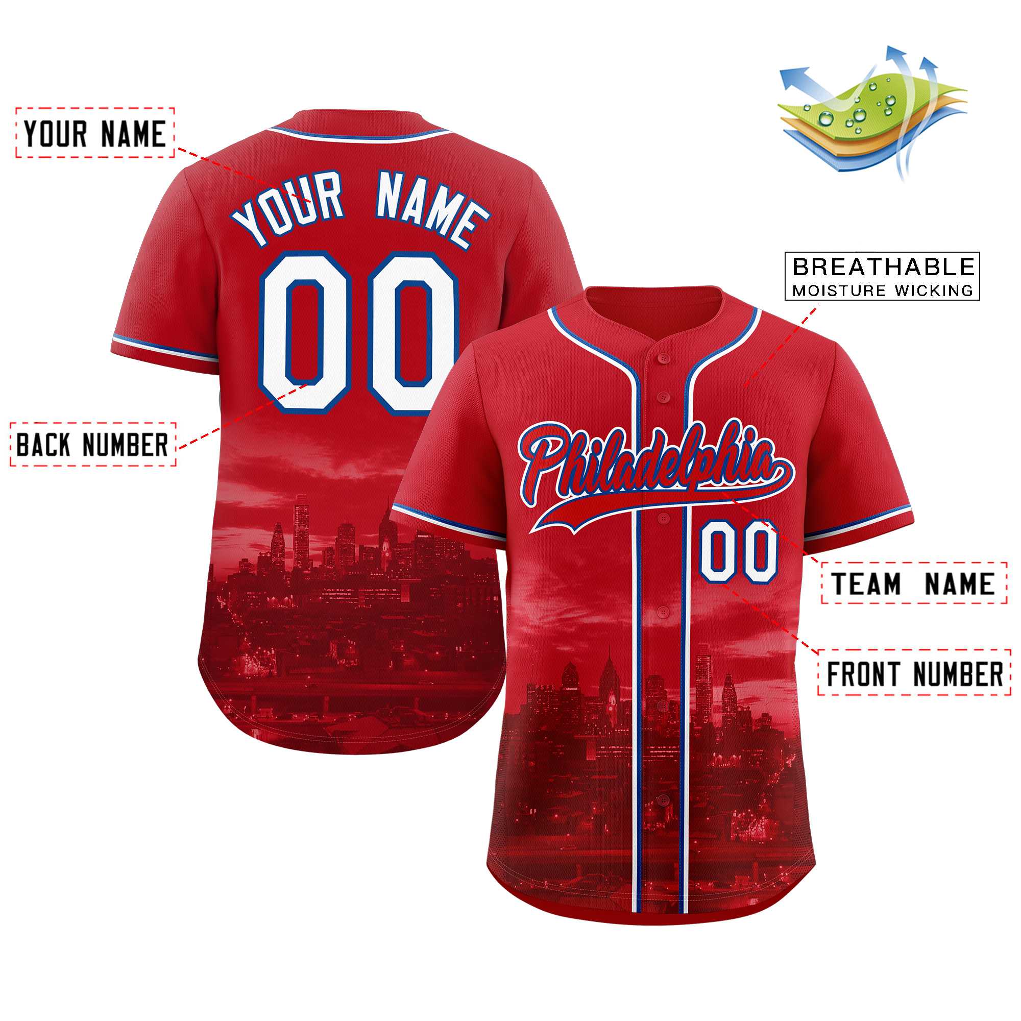 Custom Red Red-Royal Philadelphia City Connect Baseball Jersey - Image 2