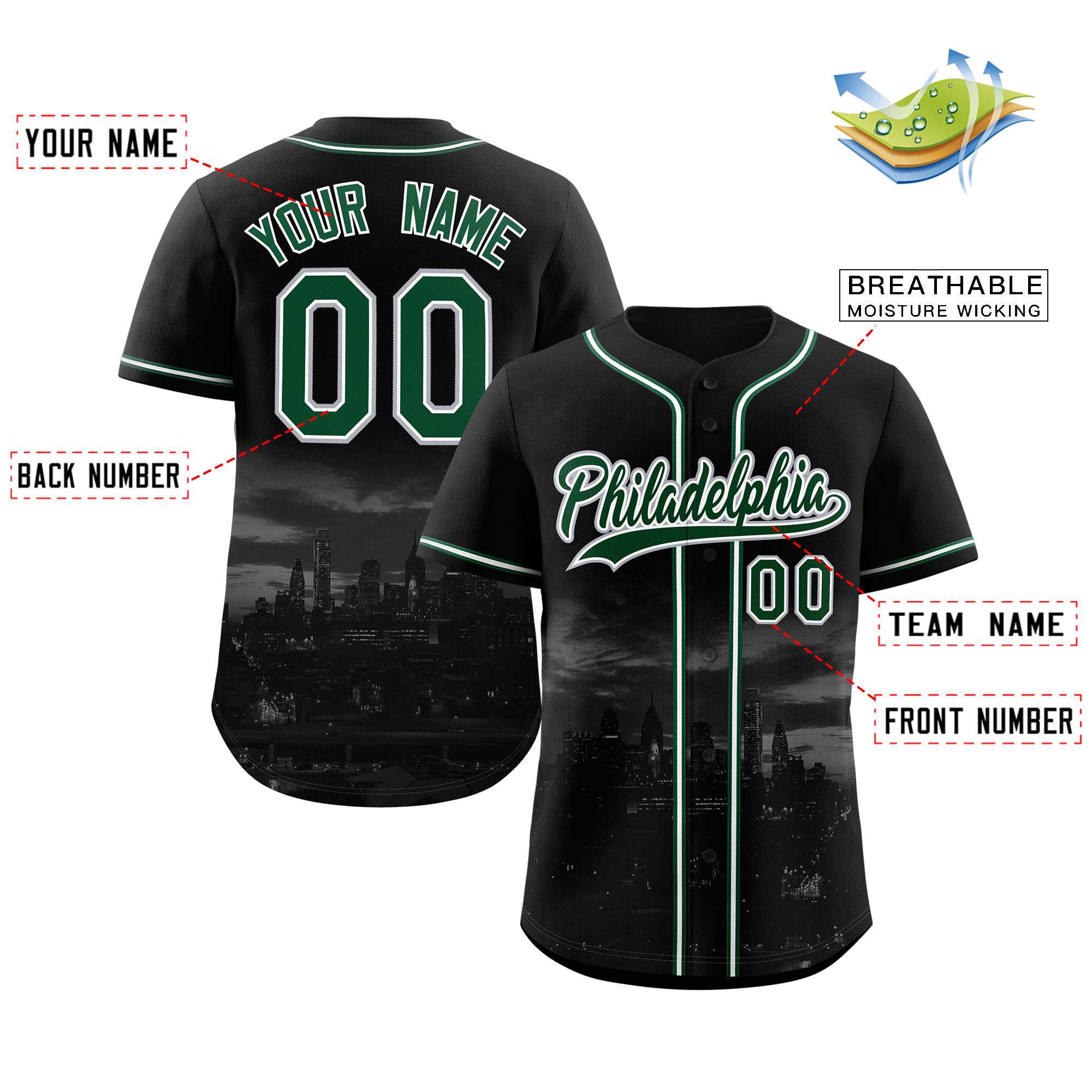 Custom Black Green-White Philadelphia City Connect Baseball Jersey - Image 2