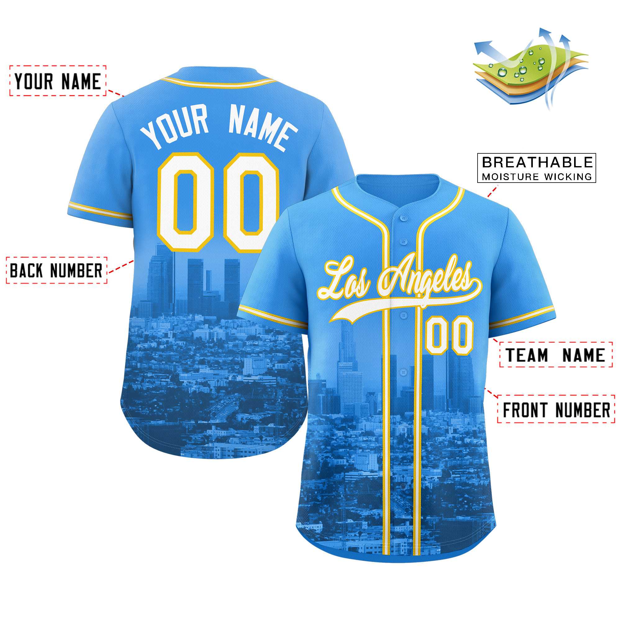 Custom Powder Blue White-Yellow Los Angeles City Connect Baseball Jersey - Image 2
