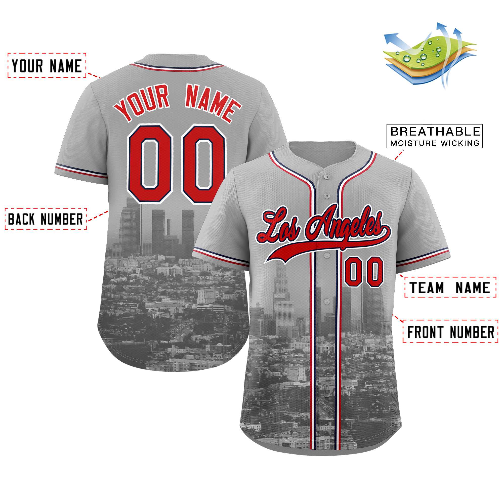 Custom Gray Red-Navy Los Angeles City Connect Baseball Jersey - Image 2