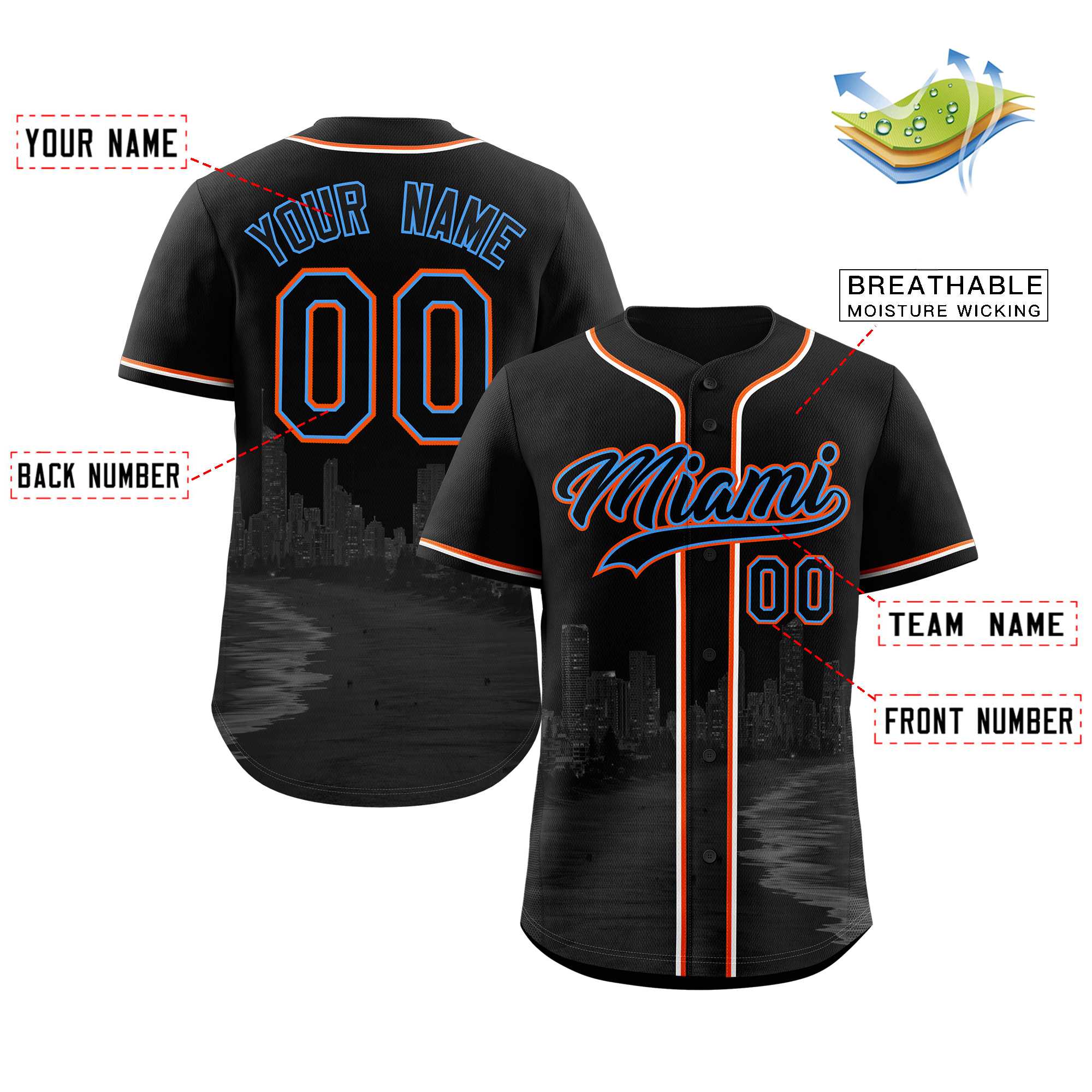 Custom Black Black-Powder Blue Miami City Connect Baseball Jersey - Image 2