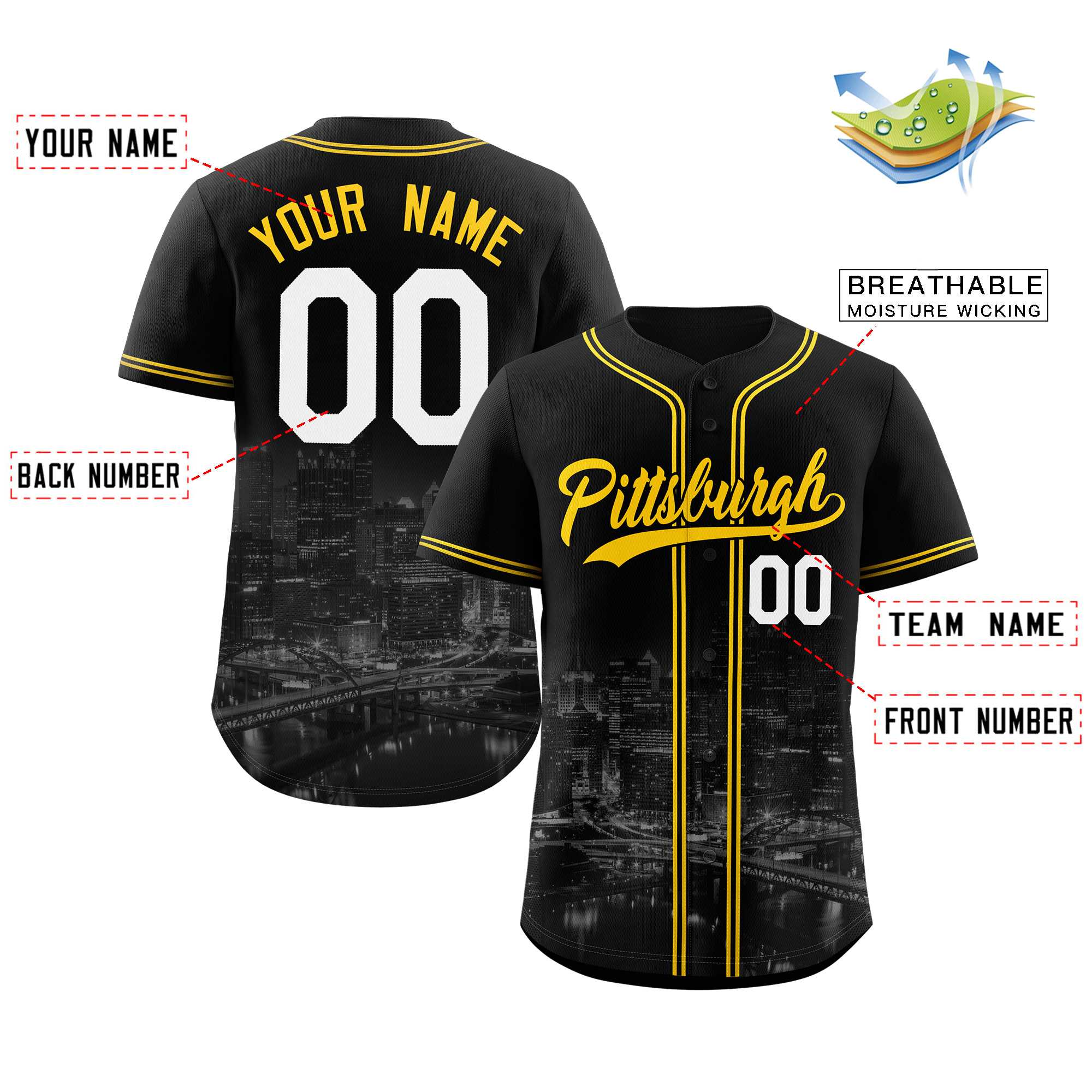 Custom Black Yellow-Black Pittsburgh City Connect Baseball Jersey - Image 2