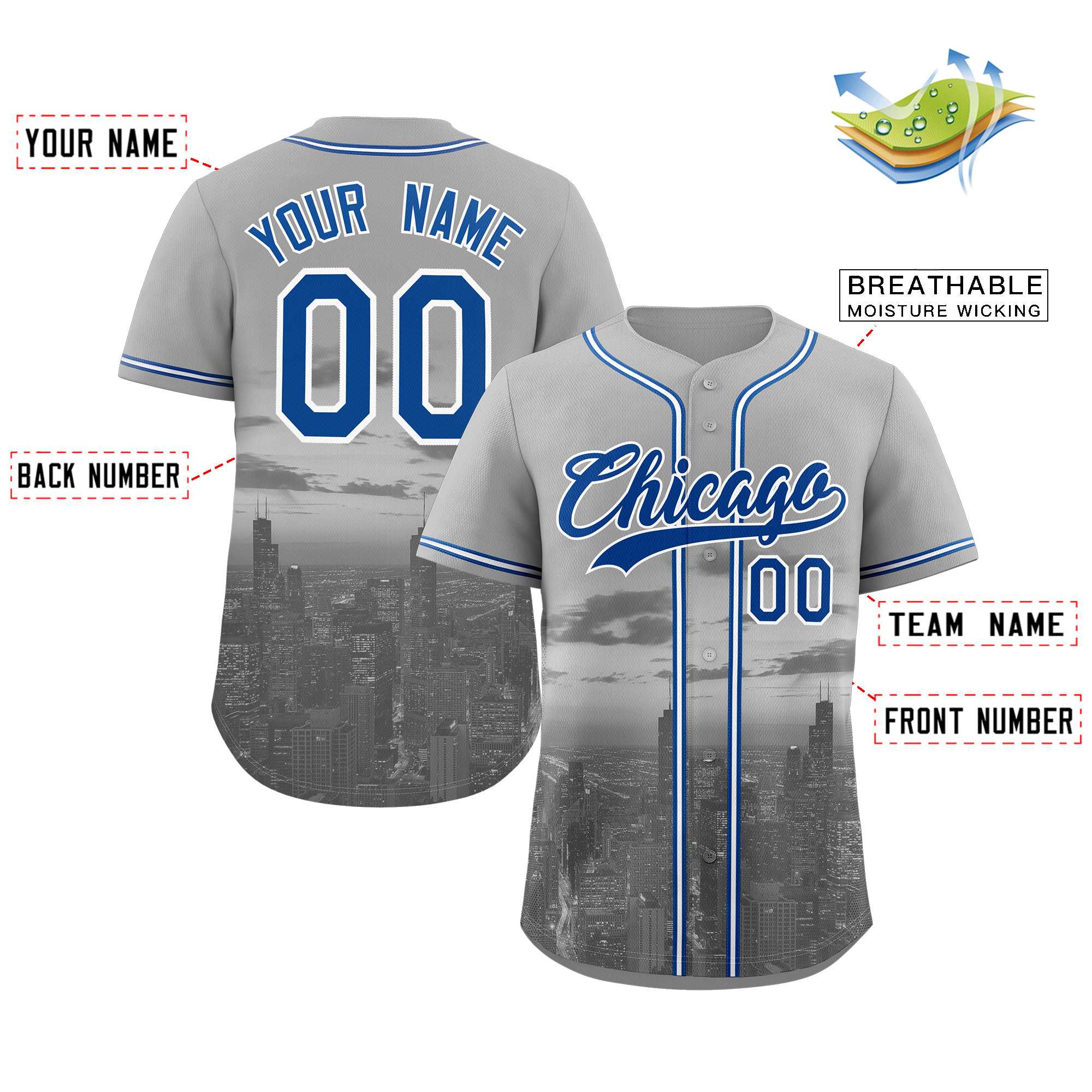 Custom Gray Royal-White Chicago City Connect Baseball Jersey - Image 2