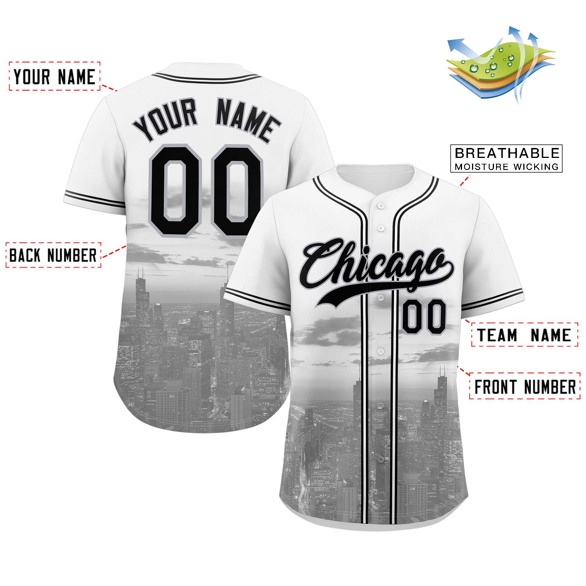 Custom White Black-Gray Chicago City Connect Baseball Jersey - Image 2