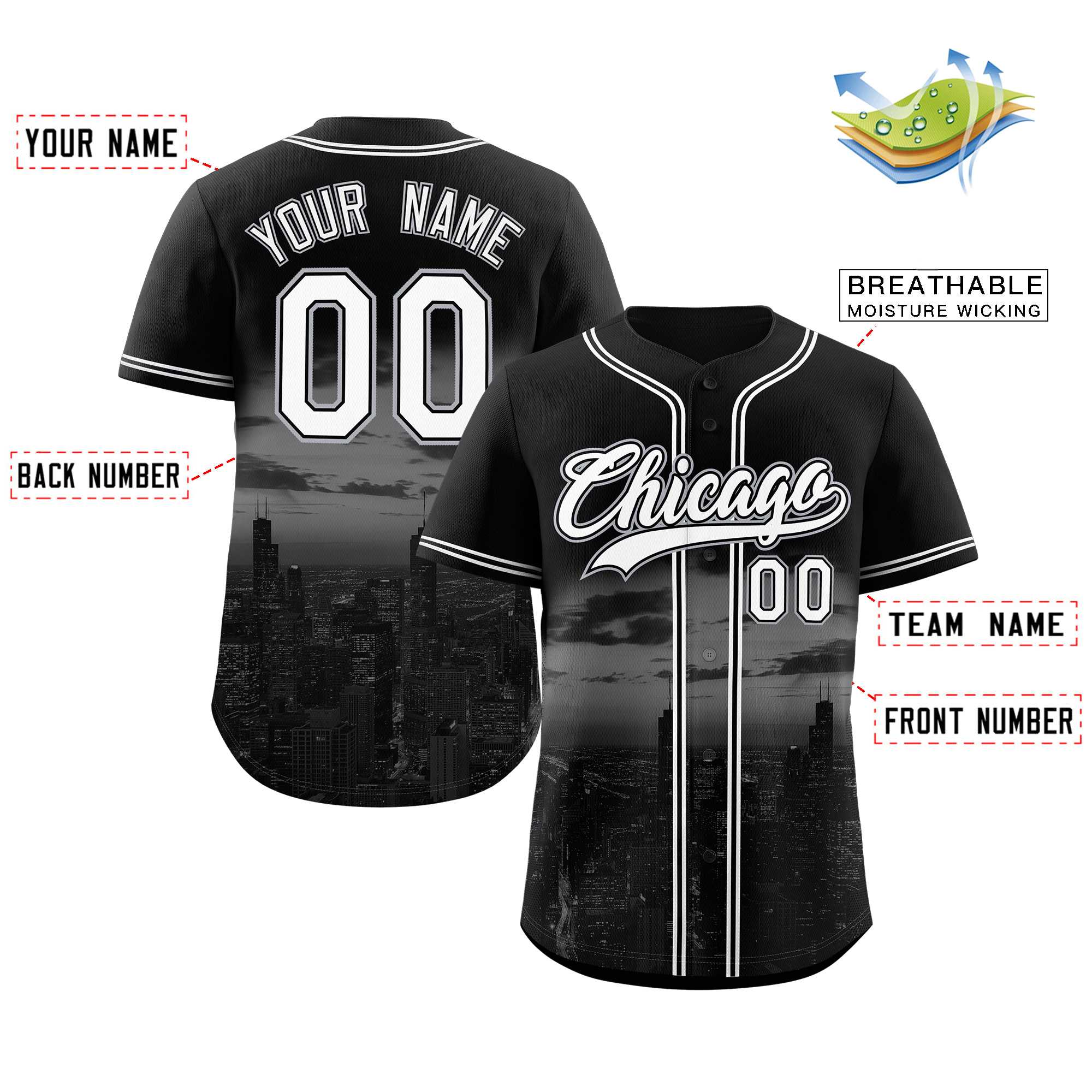 Custom Black White-Black Chicago City Connect Baseball Jersey - Image 2