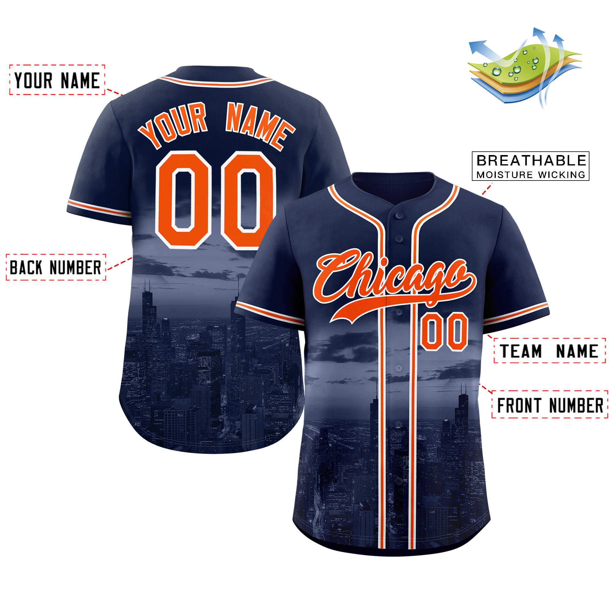 Custom Navy Orange-White Chicago City Connect Baseball Jersey - Image 2
