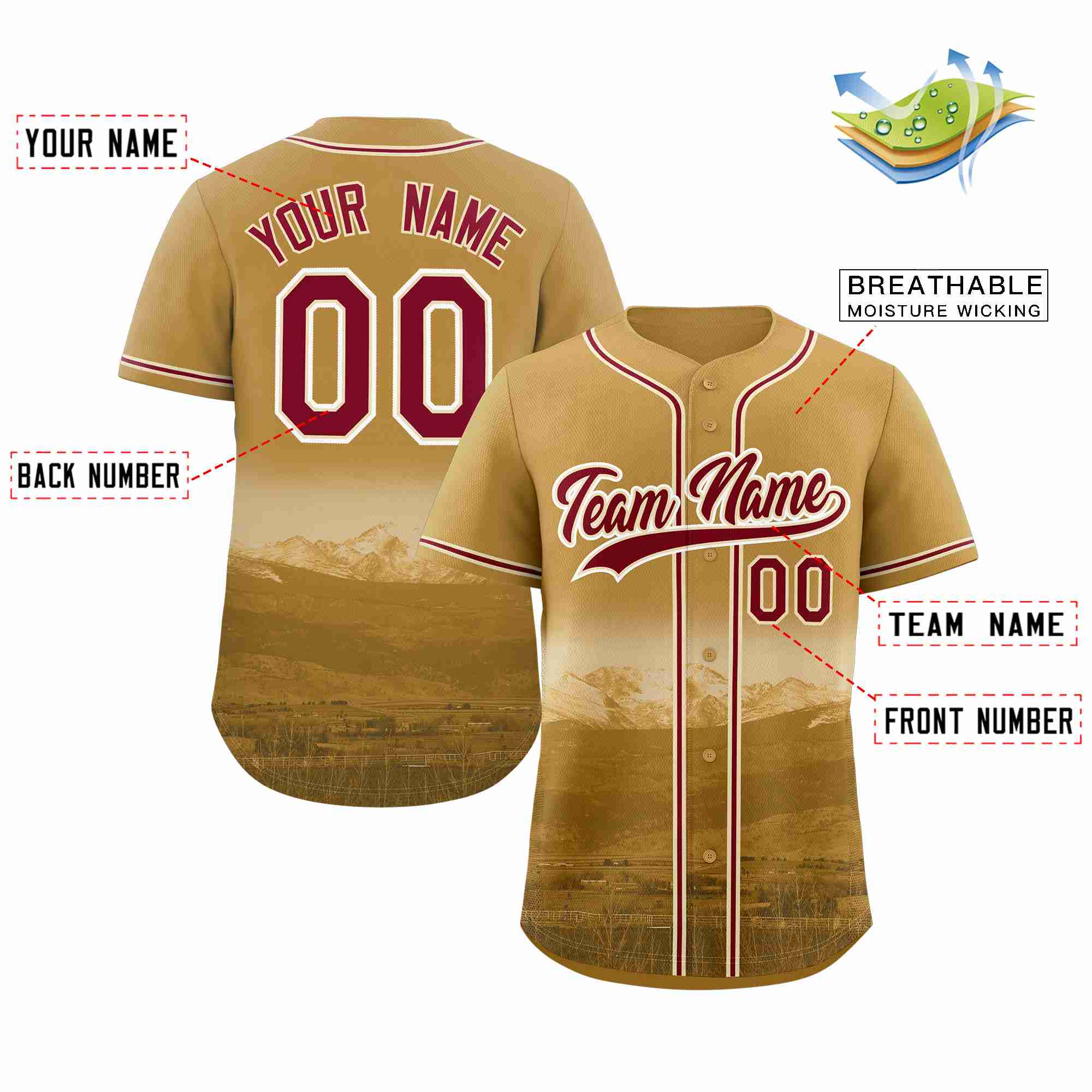 Custom Old Gold Crimson-Khaki Denver City Connect Baseball Jersey - Image 2