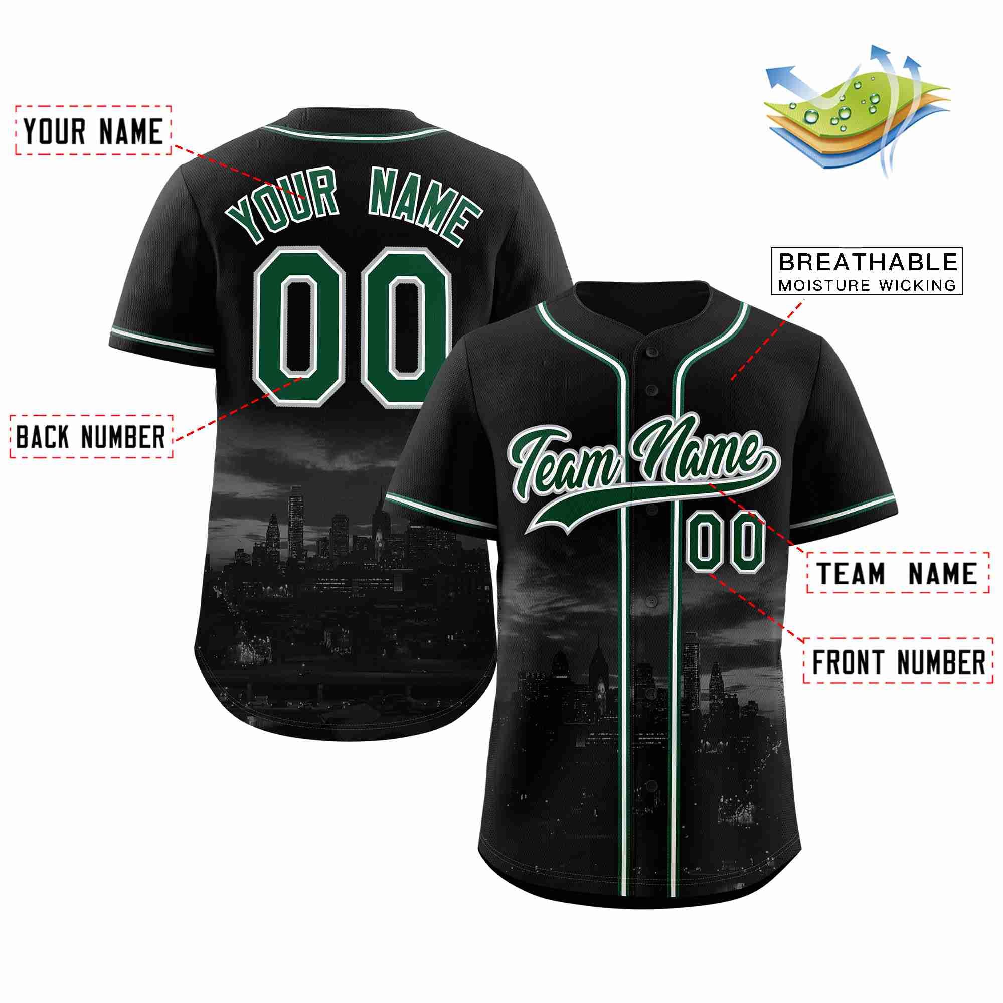 Custom Black Green-White Philadelphia City Connect Baseball Jersey - Image 2