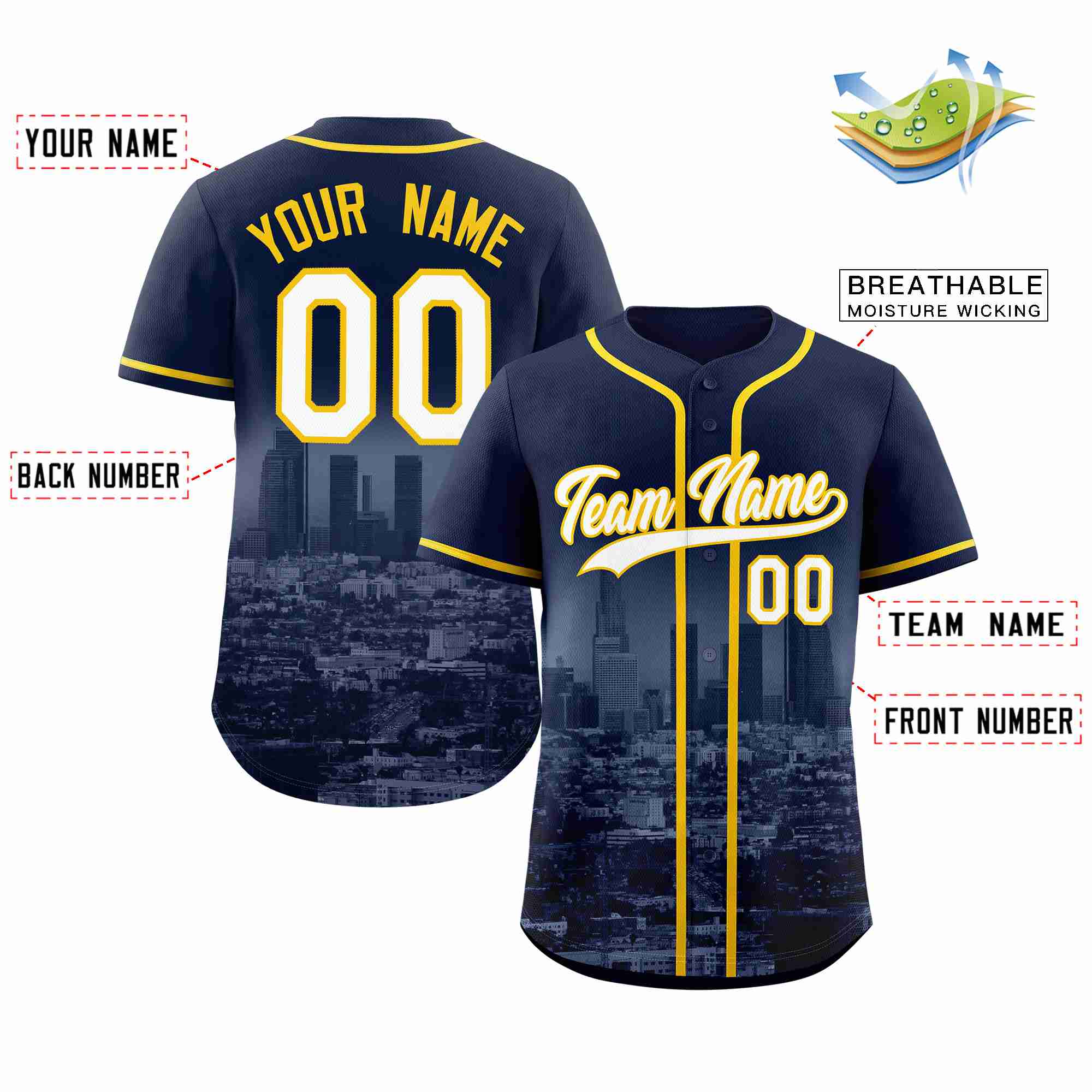 Custom Navy White-Yellow Los Angeles City Connect Baseball Jersey - Image 2