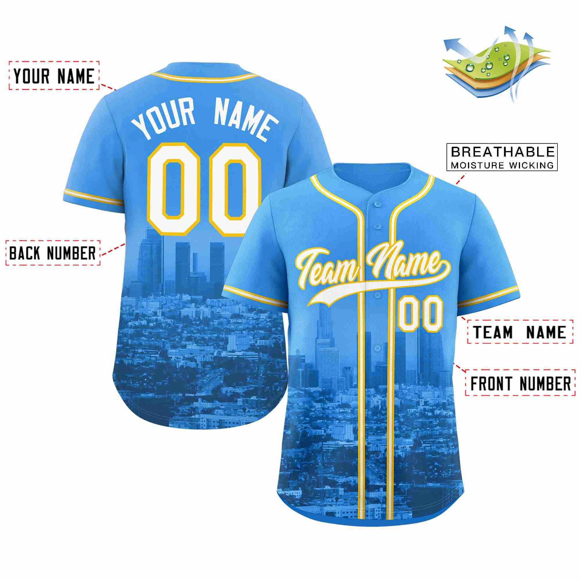Custom Powder Blue White-Yellow Los Angeles City Connect Baseball Jersey - Image 2