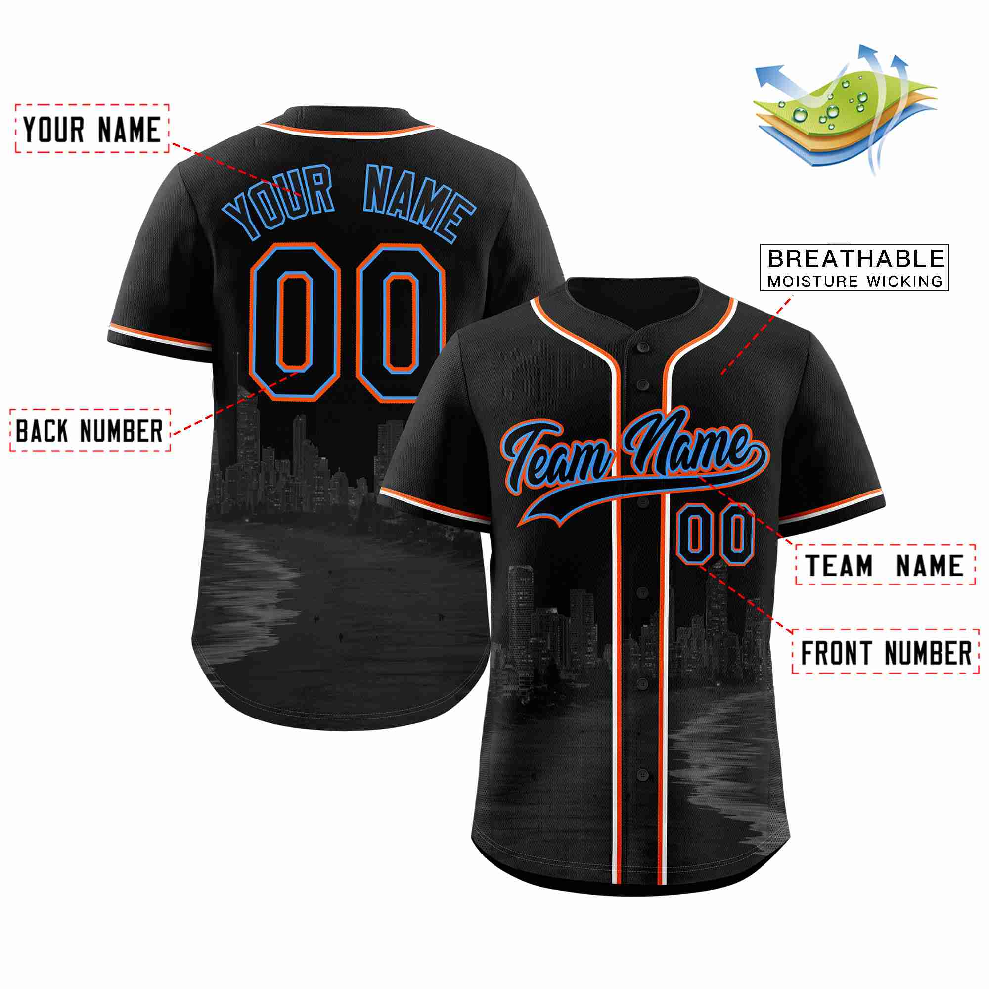 Custom Black Black-Powder Blue Miami City Connect Baseball Jersey - Image 2
