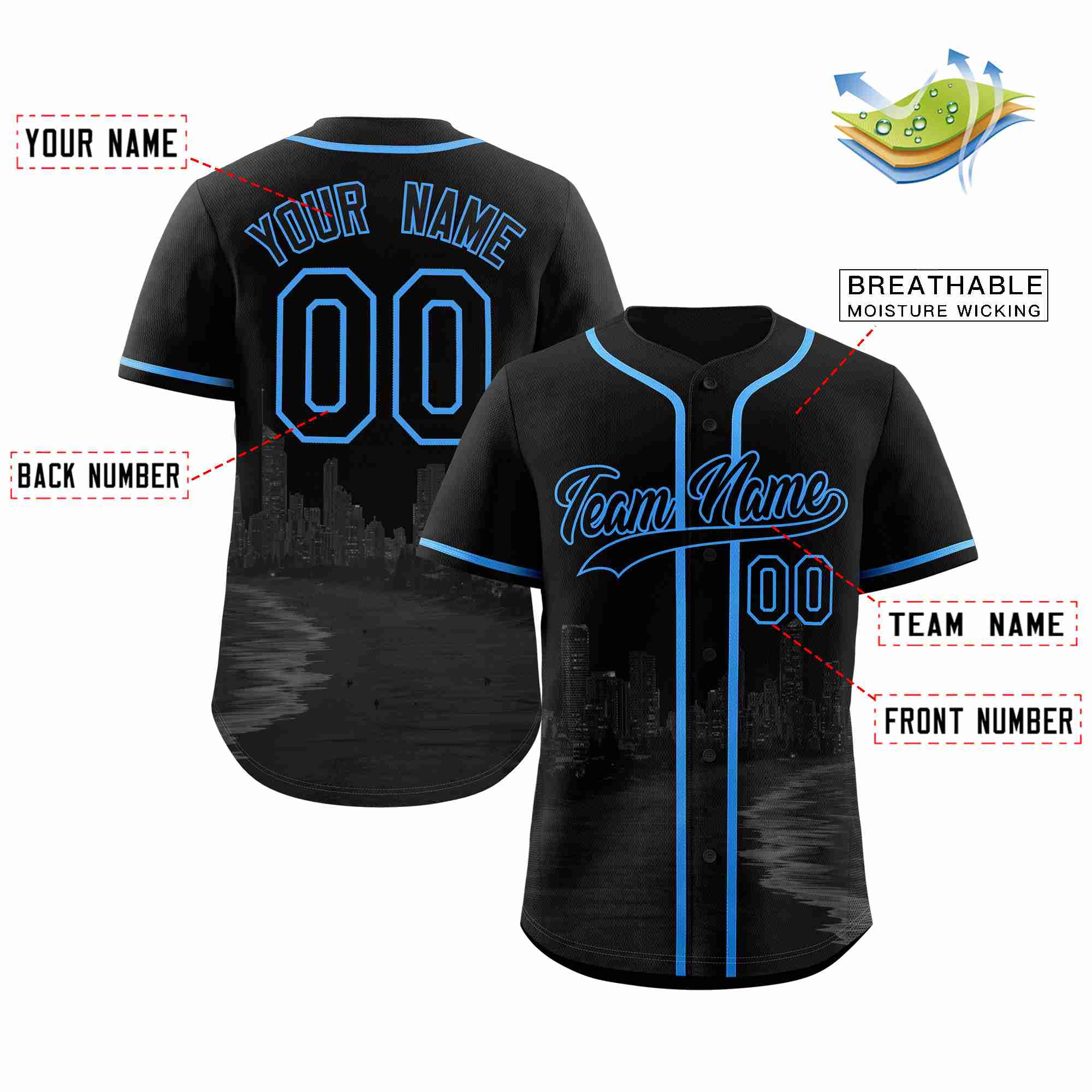 Custom Black Black-Powder Blue Miami City Connect Baseball Jersey - Image 2