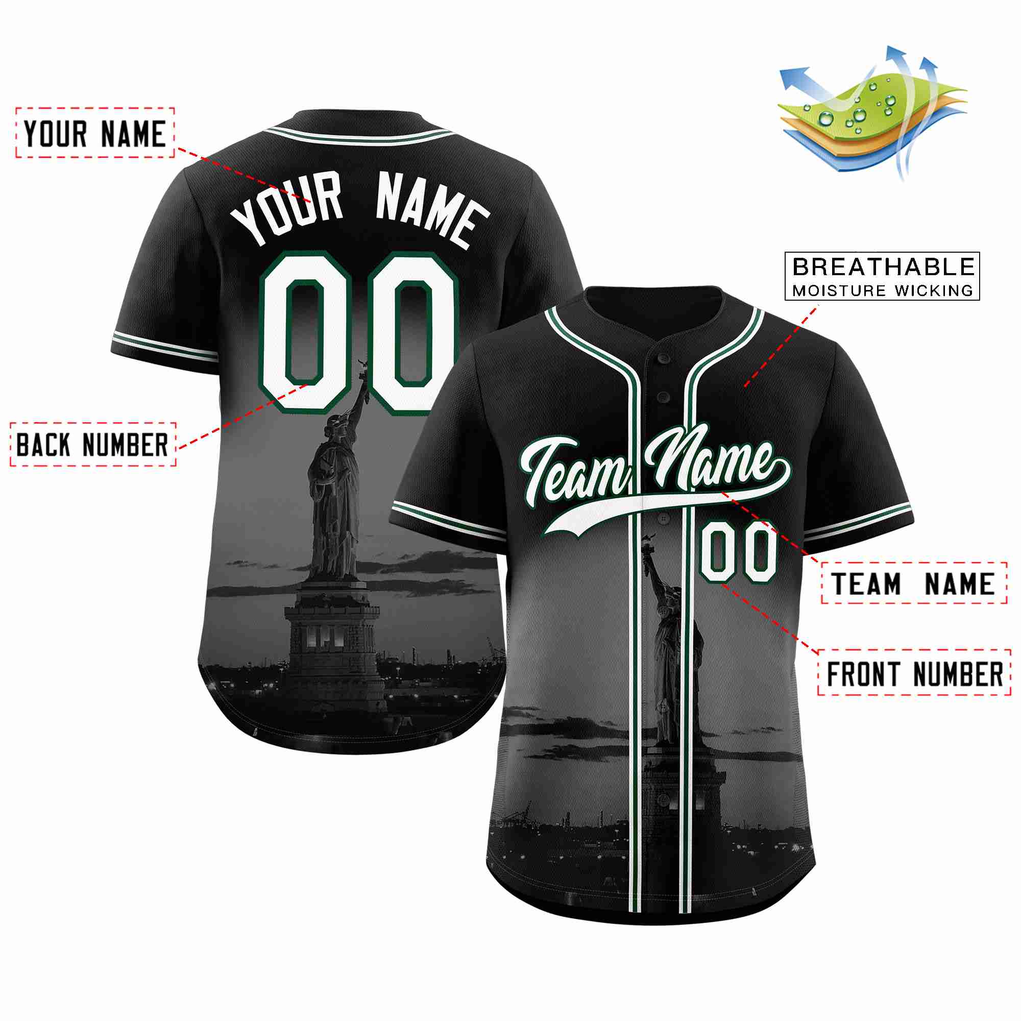 Custom Black White-Green New York City Connect Baseball Jersey - Image 2