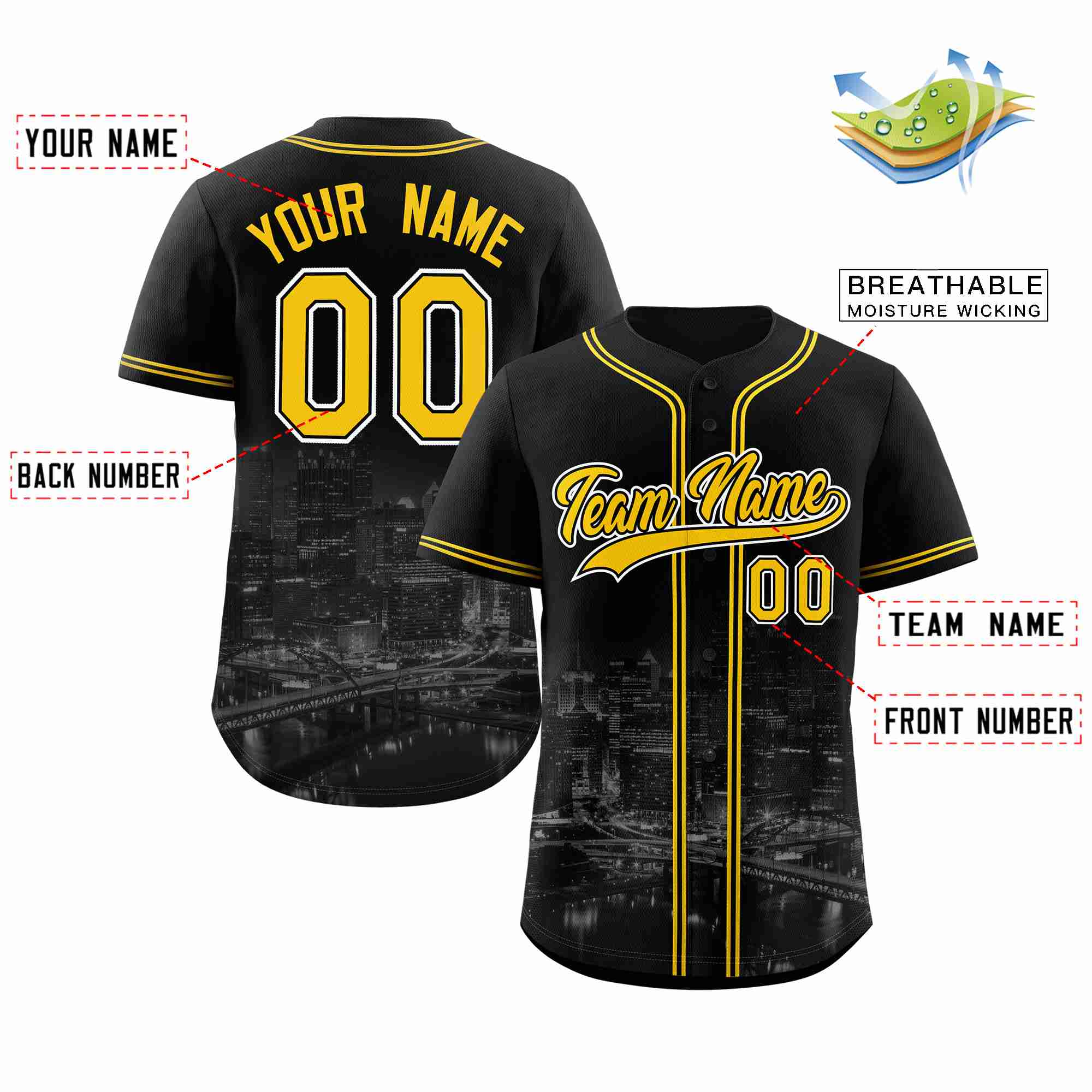 Custom Black Yellow-Black Pittsburgh City Connect Baseball Jersey - Image 2