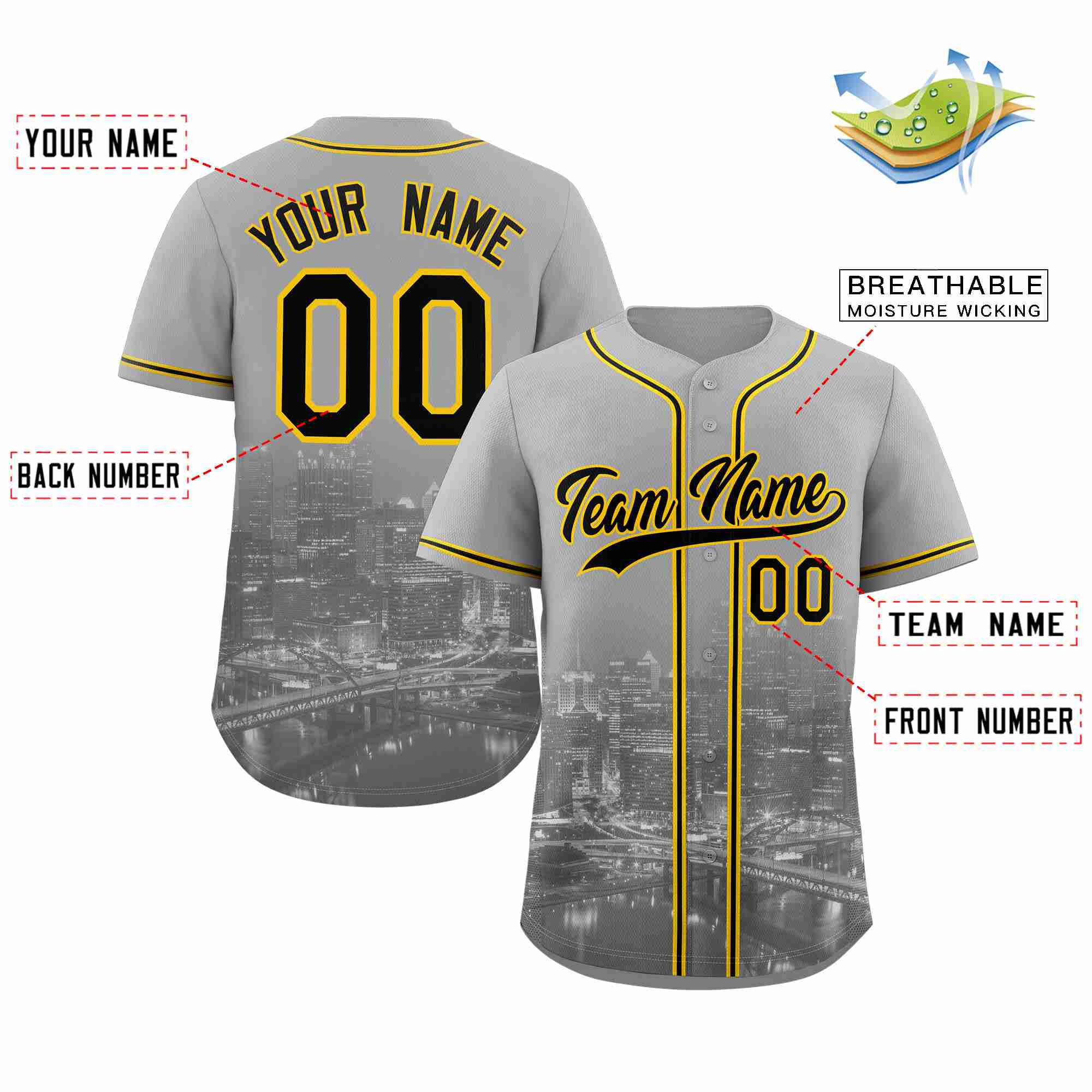 Custom Gray Black-Yellow Pittsburgh City Connect Baseball Jersey - Image 2