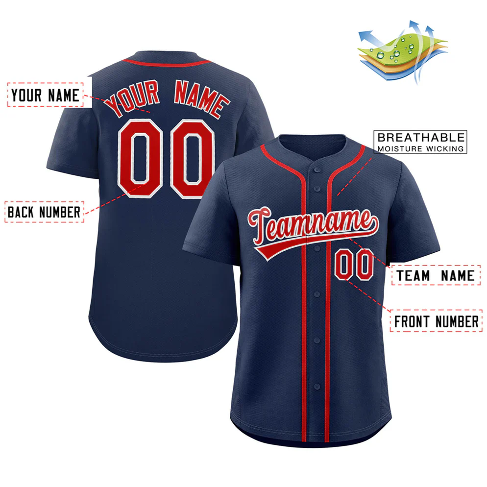 Custom Navy Red-White Classic Style Authentic Baseball Jersey - Image 2